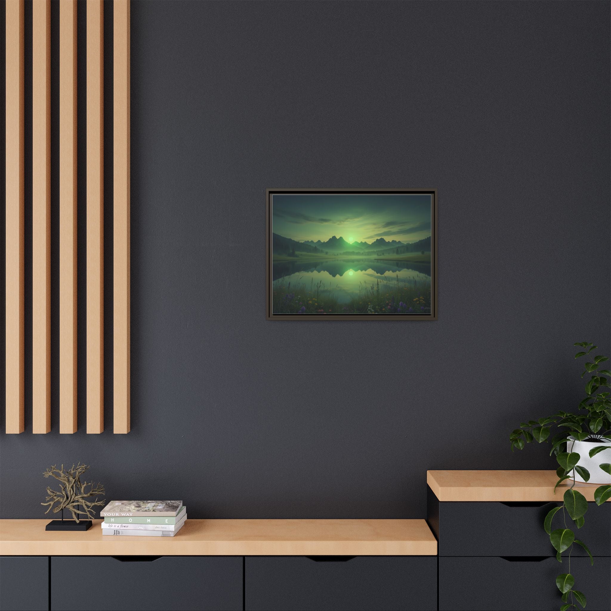 Framed Matte Canvas Print — Serene Green Mountain Lake Landscape