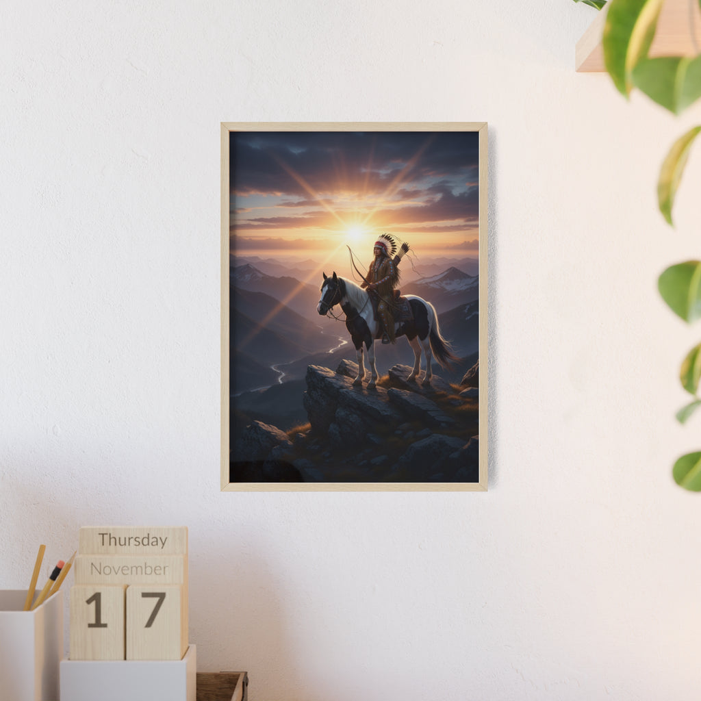 Native American Warrior on Horse Framed Poster — Scenic Sunrise Wall Art