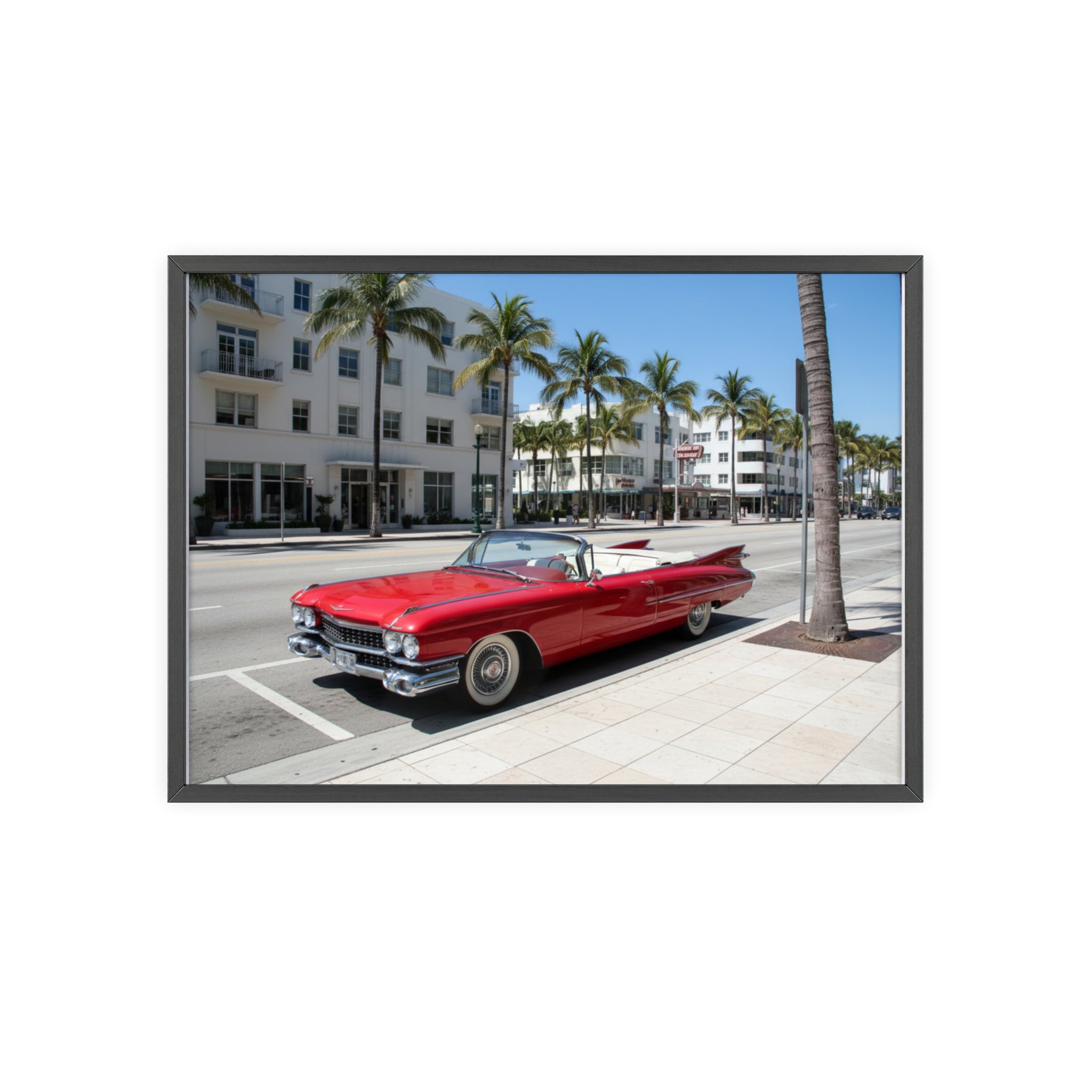 Retro Red Convertible Palm Beach Poster with Wooden Frame