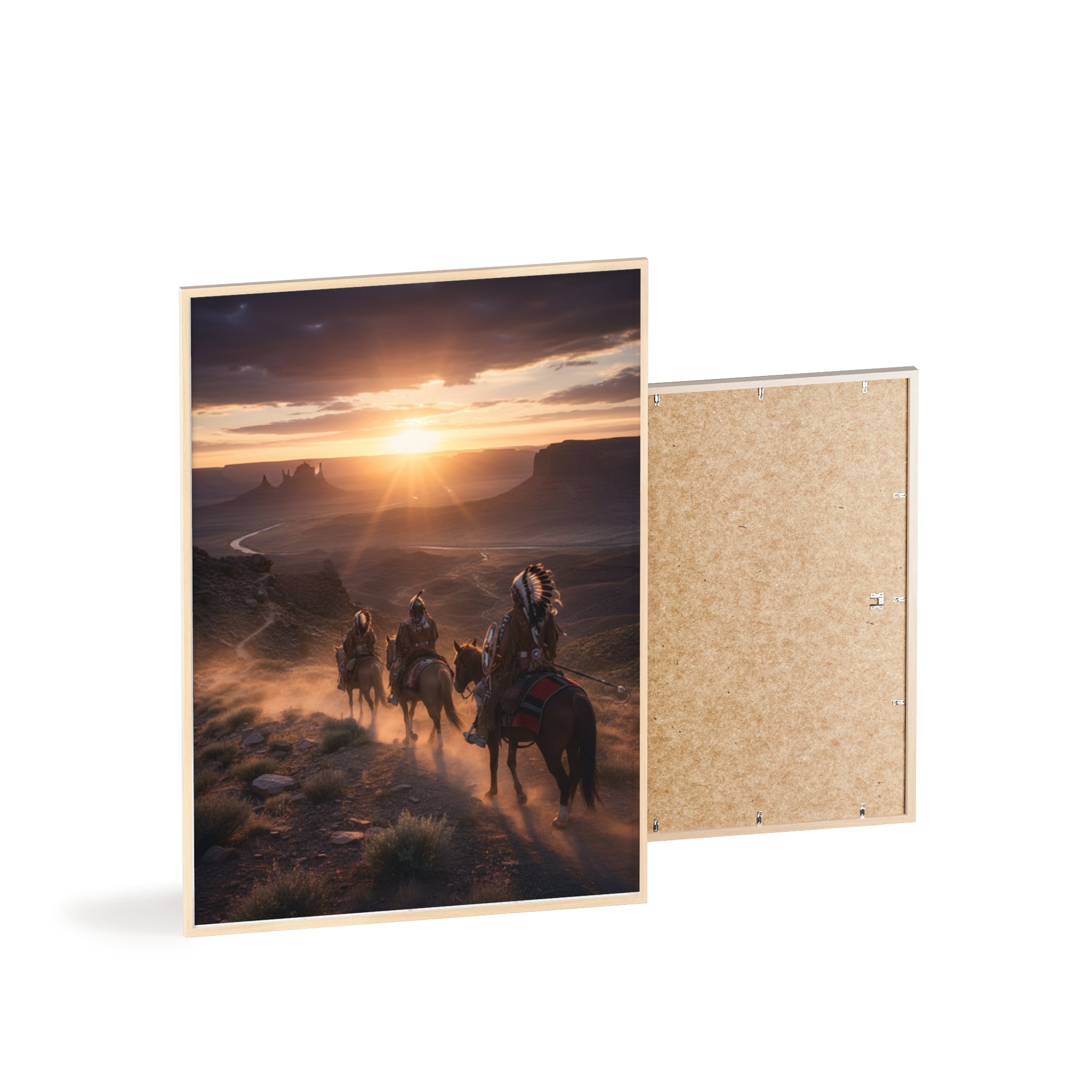 Framed Western Sunset Poster — Native Riders on Horseback Wall Art