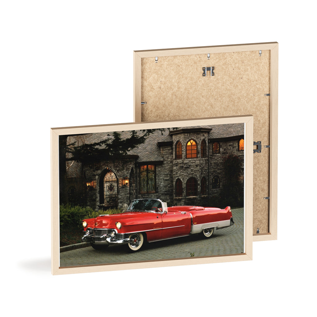 Vintage Red Convertible Poster with Wooden Frame — Classic Car Wall Art