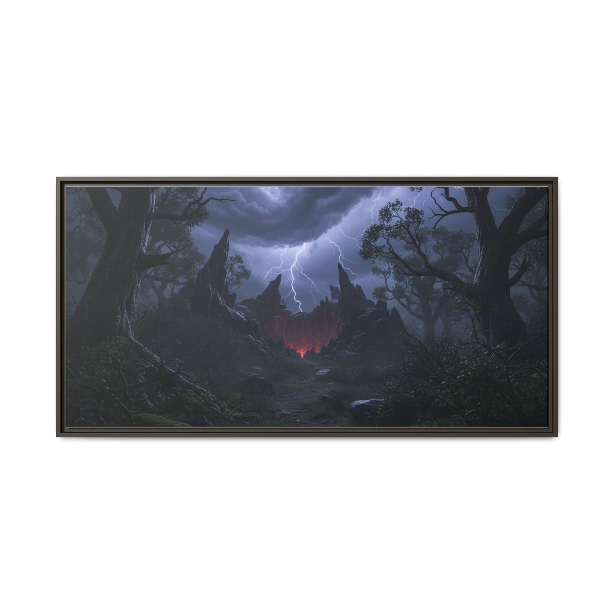 Dark Storm Forest Framed Canvas Print — Lightning, Haunted Castle Art