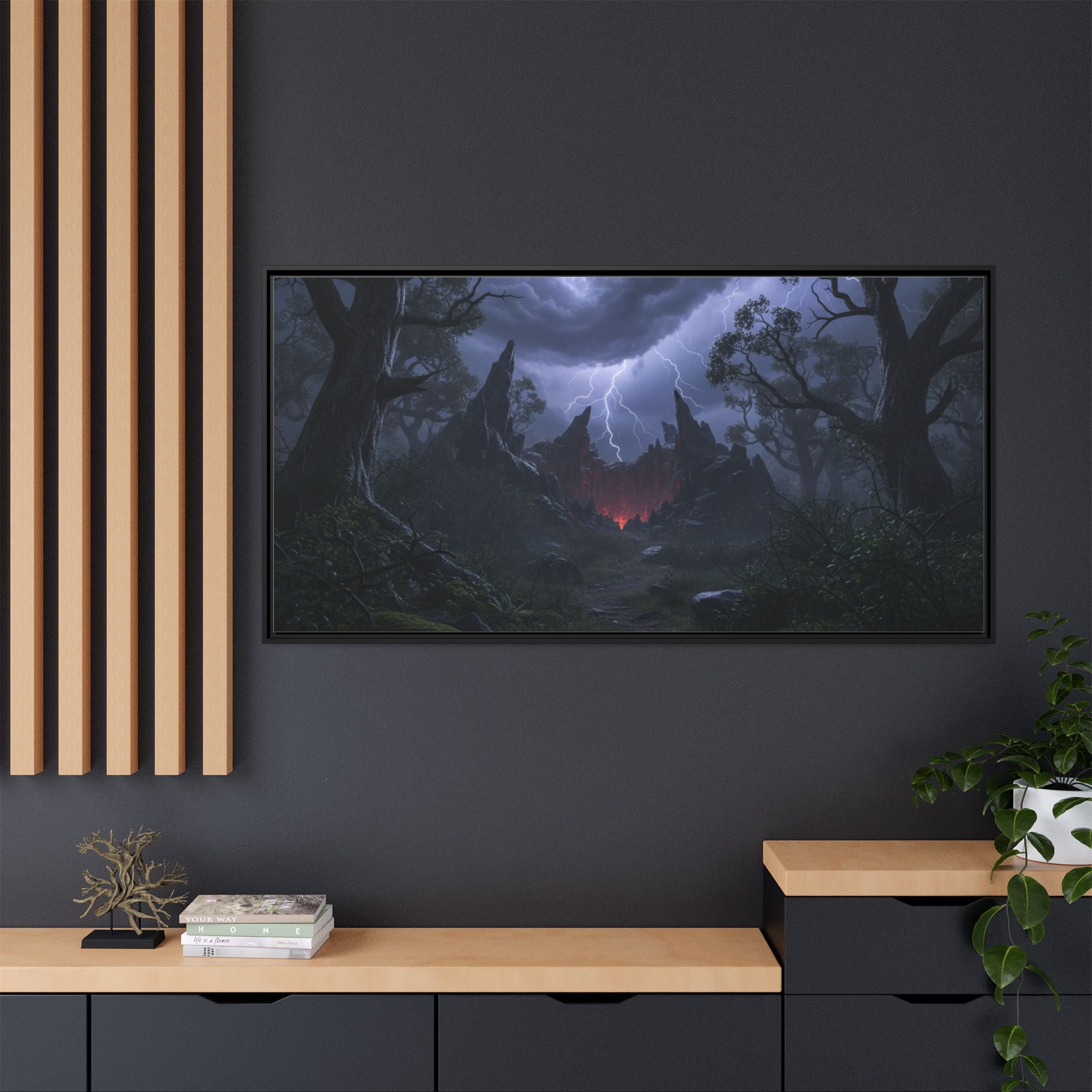 Dark Storm Forest Framed Canvas Print — Lightning, Haunted Castle Art