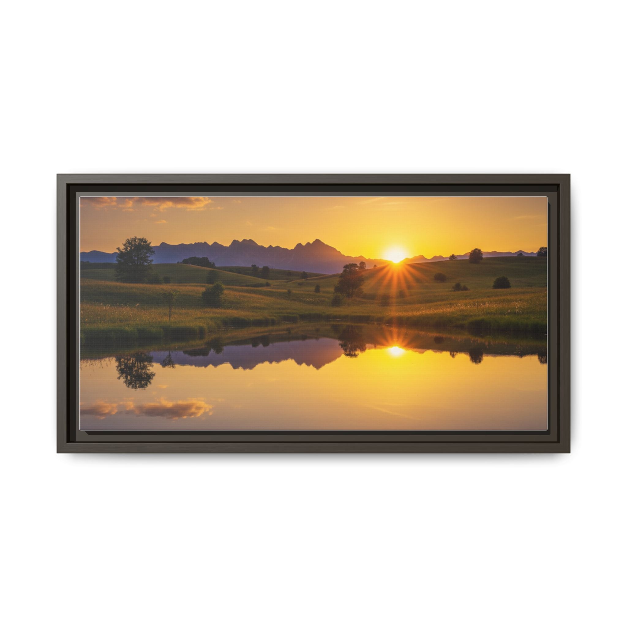 Framed Matte Canvas Sunset Landscape — Serene Lake Reflection Wall Art