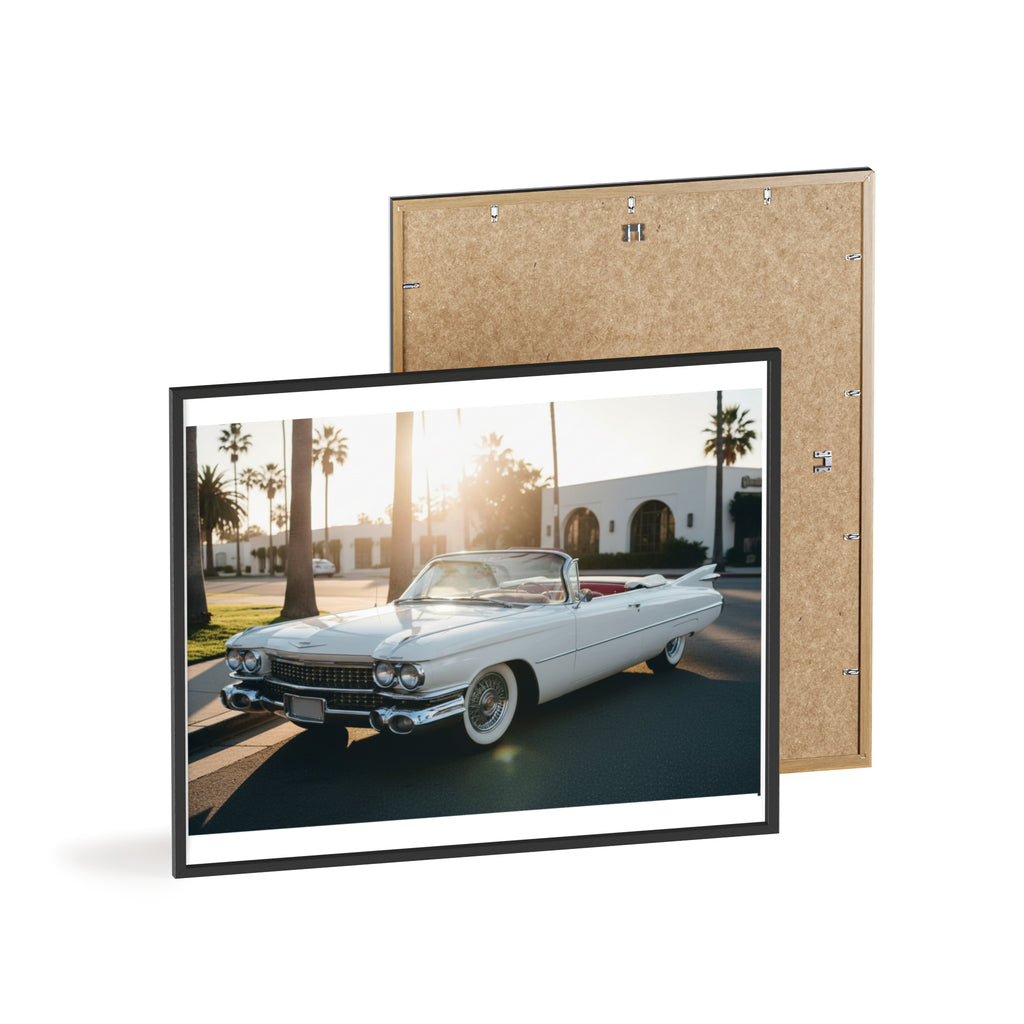 Vintage Cadillac Convertible Poster with Wooden Frame — Retro Palm Trees Sunset Wall Art