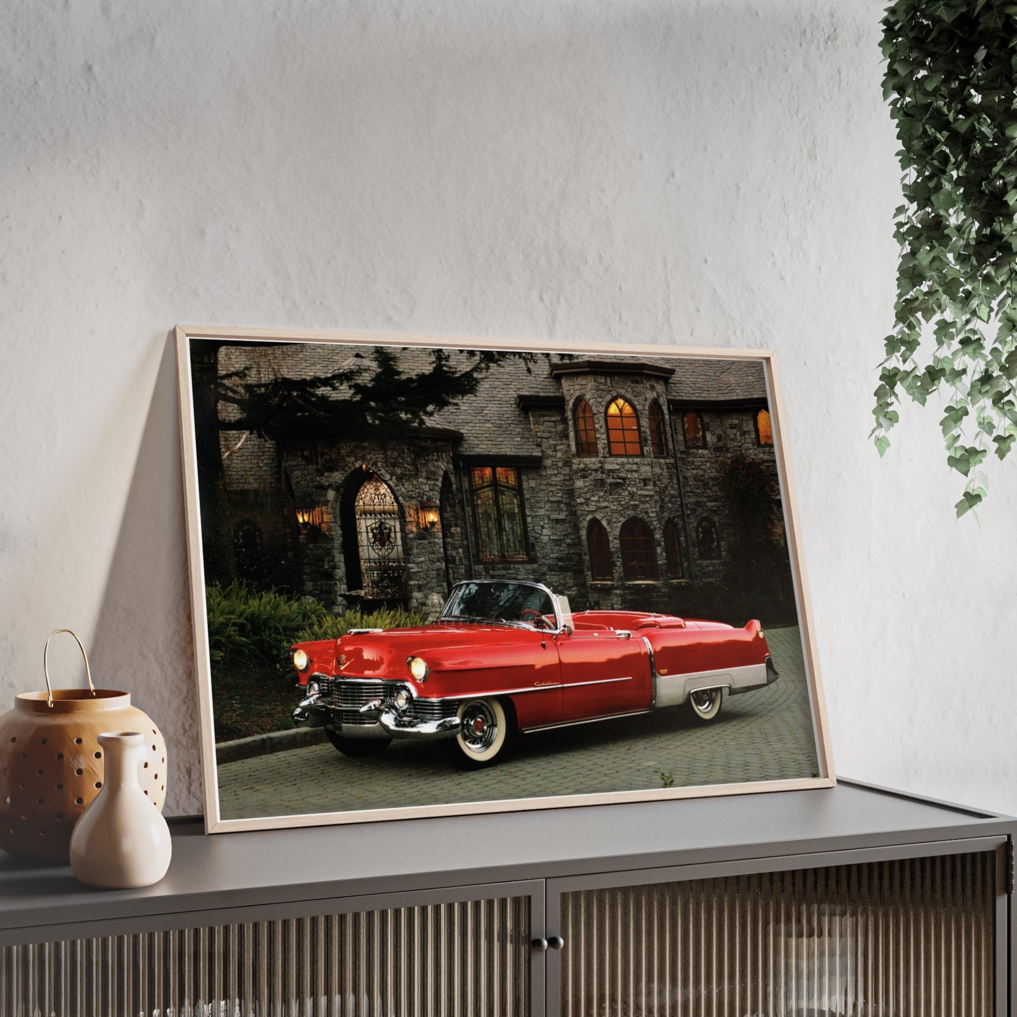 Vintage Red Convertible Poster with Wooden Frame — Classic Car Wall Art
