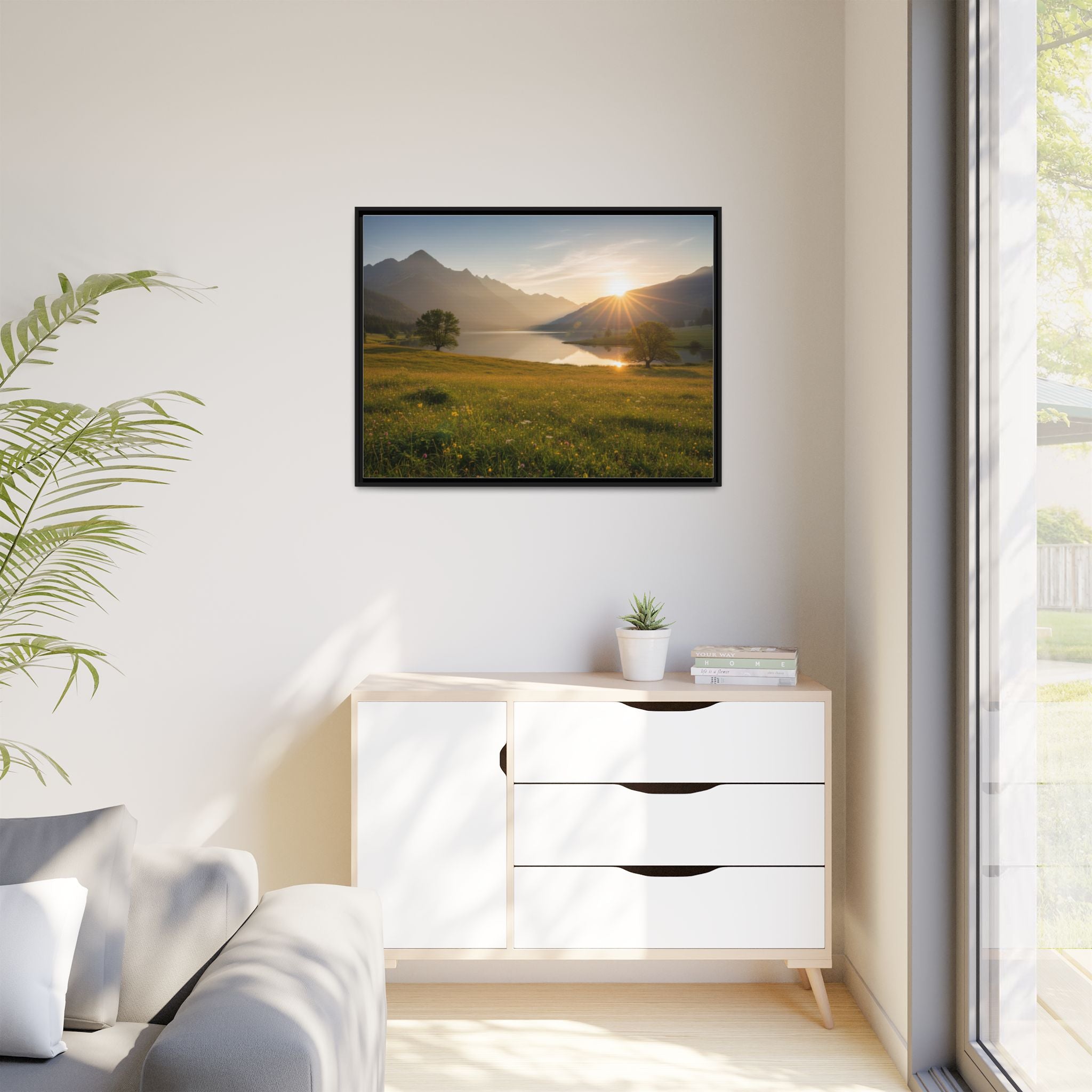 Sunrise Mountain Lake Matte Canvas — Framed Landscape Wall Art