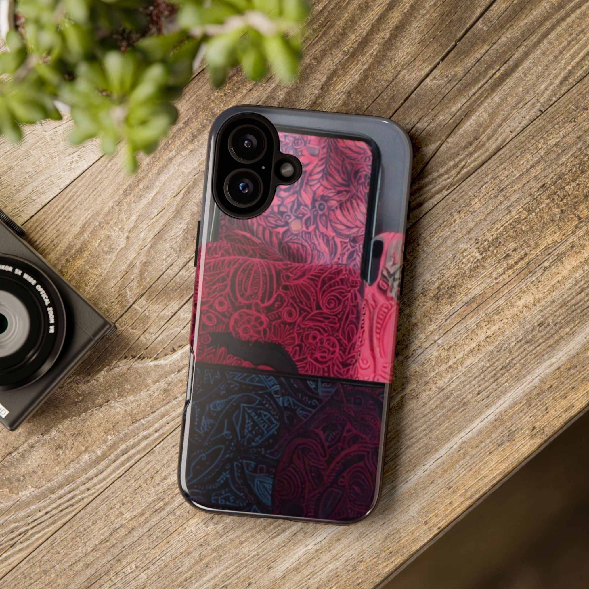 Floral Patchwork Tough Phone Case — Pink & Navy Doodle Design