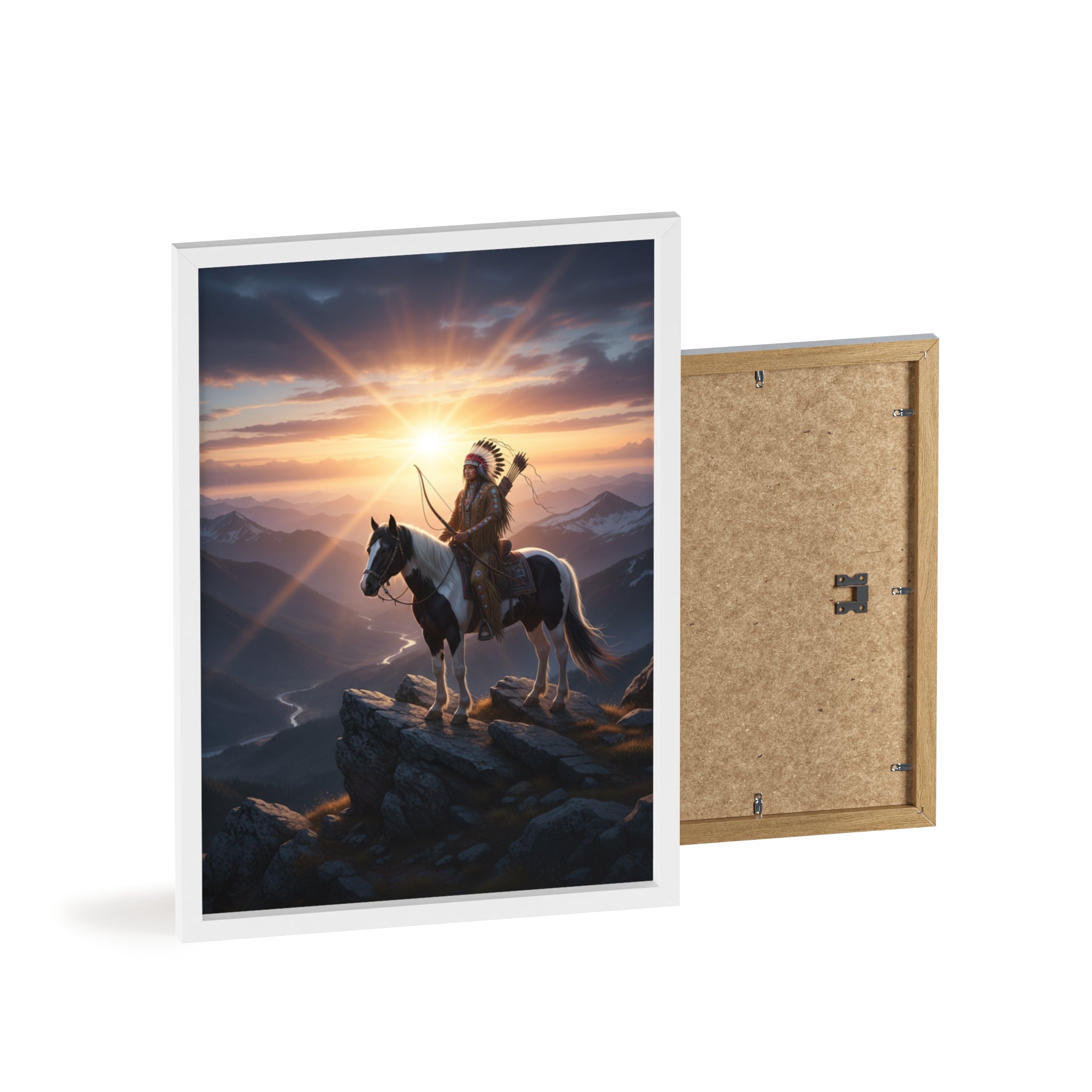 Native American Warrior on Horse Framed Poster — Scenic Sunrise Wall Art