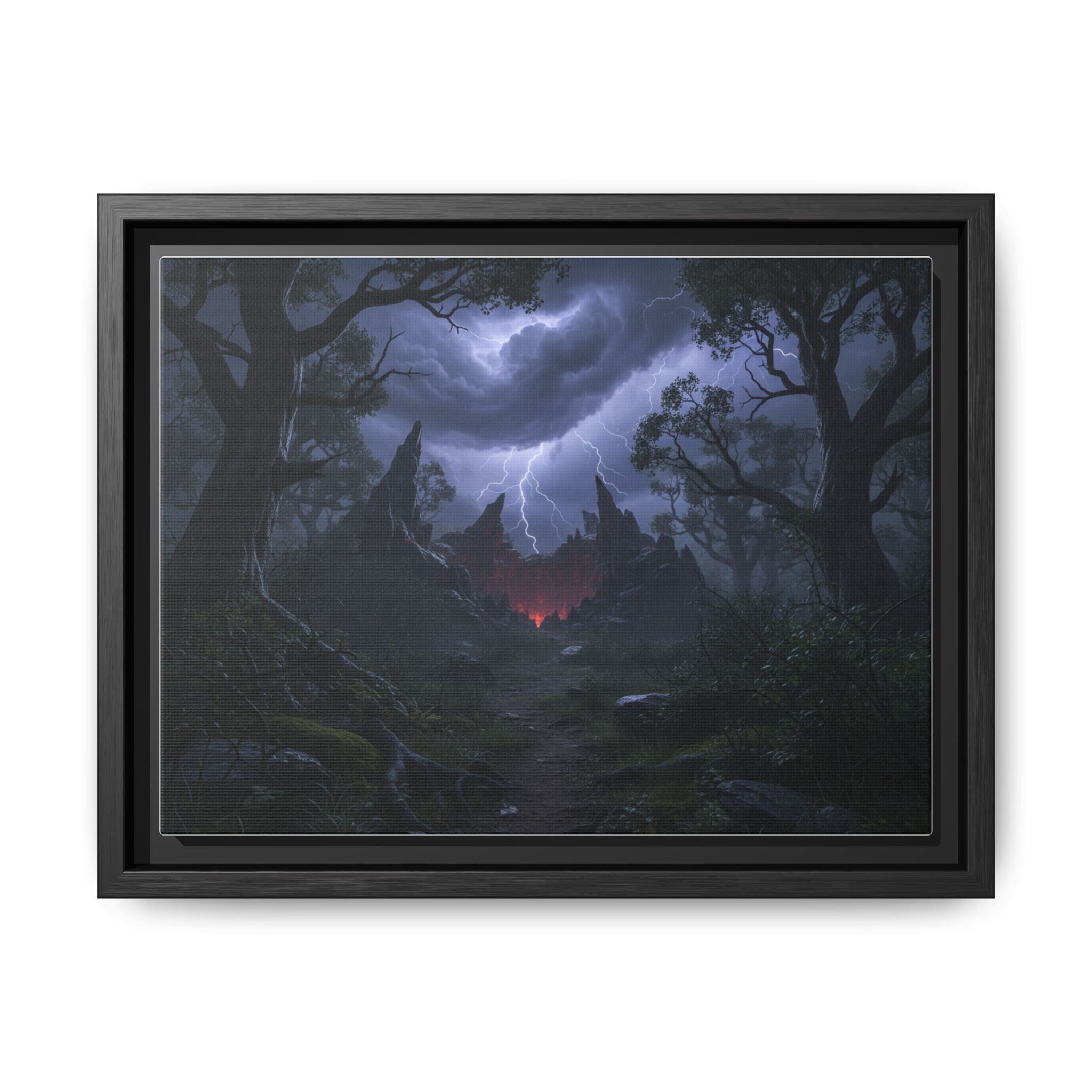 Dark Storm Forest Framed Canvas Print — Lightning, Haunted Castle Art