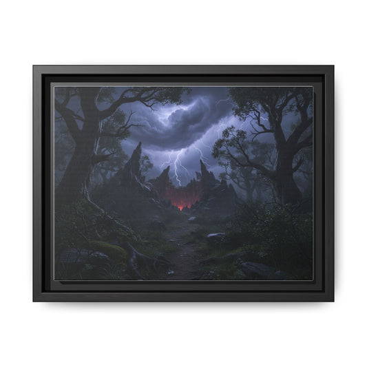 Dark Storm Forest Framed Canvas Print — Lightning, Haunted Castle Art