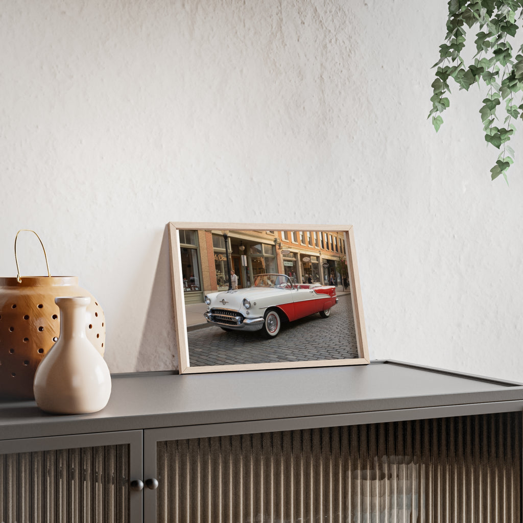Vintage Red & White Convertible Poster with Wooden Frame — Retro Car Wall Art