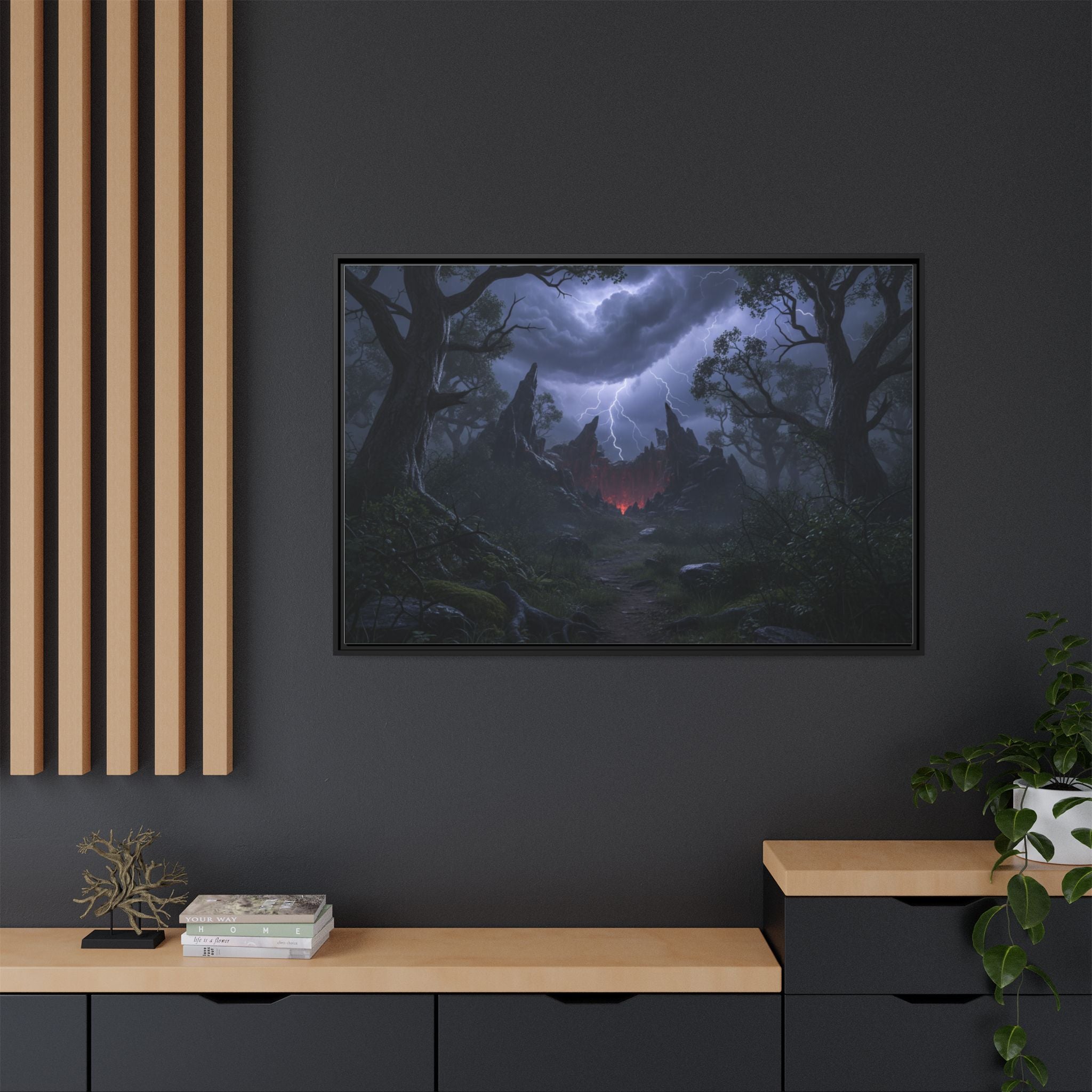 Dark Storm Forest Framed Canvas Print — Lightning, Haunted Castle Art
