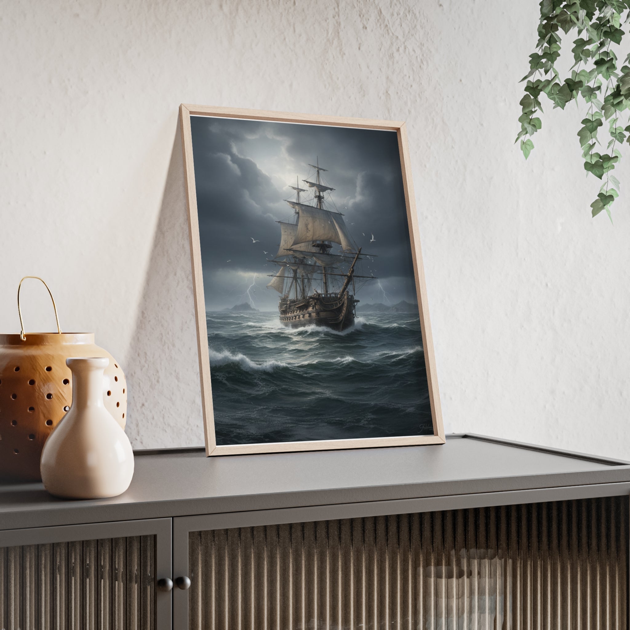 Framed Stormy Sea Ship Poster — Nautical Wall Art with Wooden Frame