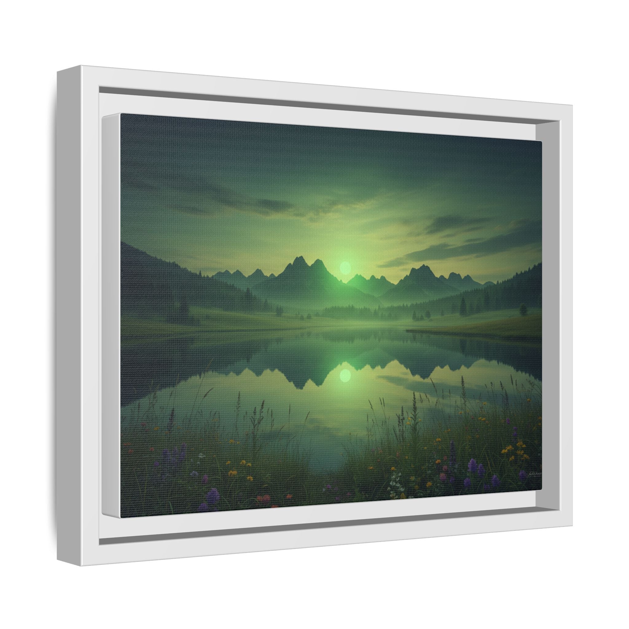 Framed Matte Canvas Print — Serene Green Mountain Lake Landscape