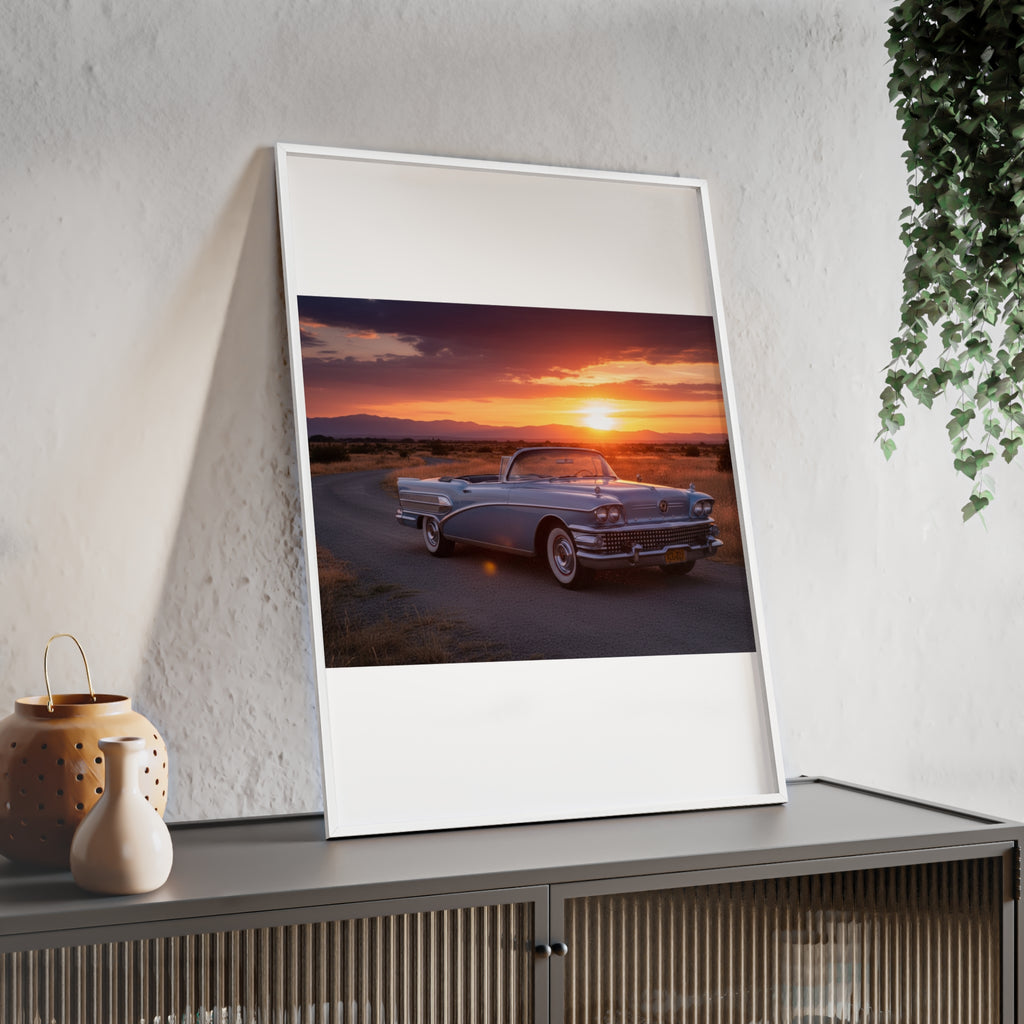 Vintage Convertible Sunset Poster with Wooden Frame