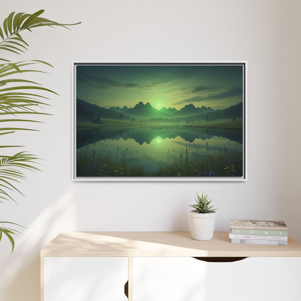 Framed Matte Canvas Print — Serene Green Mountain Lake Landscape