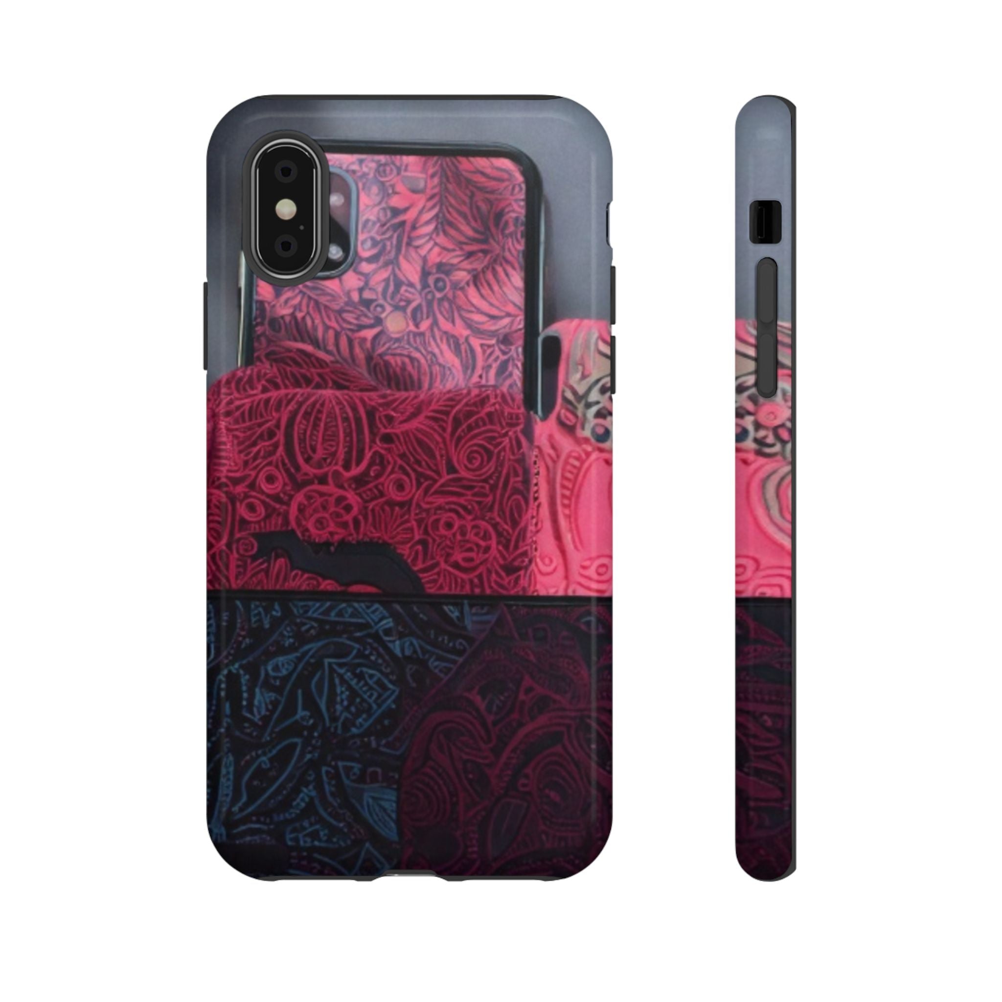Floral Patchwork Tough Phone Case — Pink & Navy Doodle Design