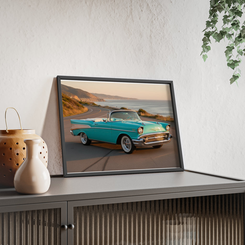 Vintage Teal Classic Car Poster with Wooden Frame — Coastal Road Print
