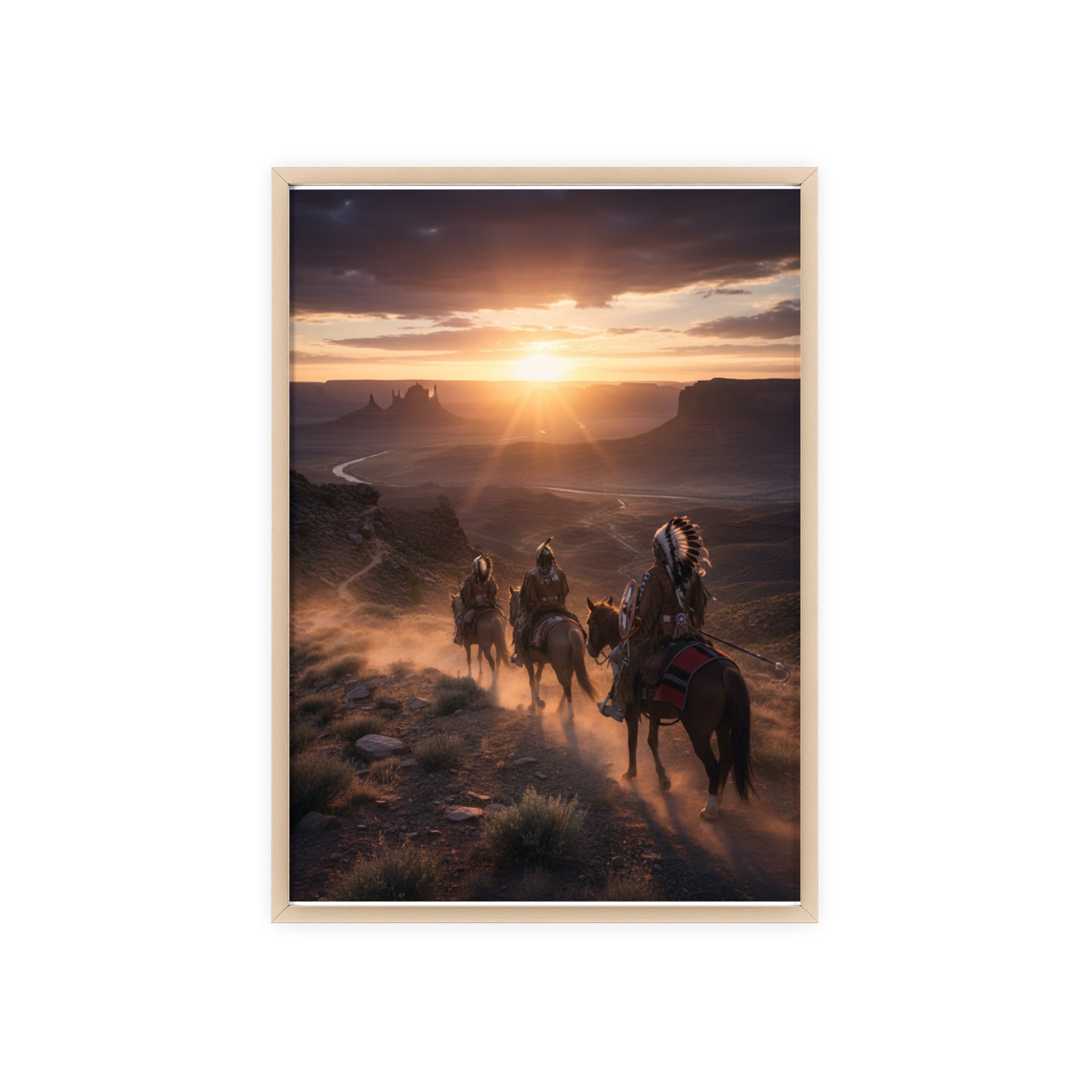 Framed Western Sunset Poster — Native Riders on Horseback Wall Art
