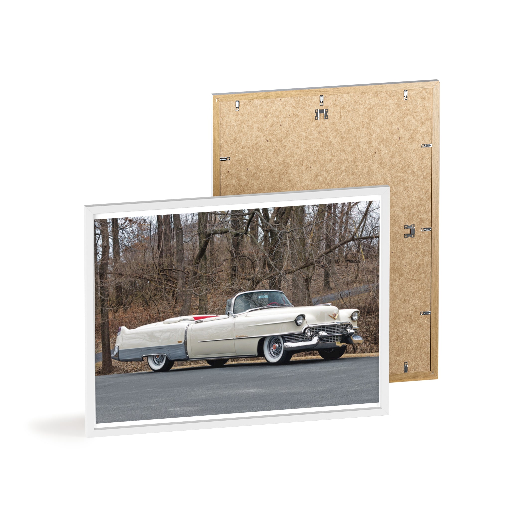 Vintage 1950s White Cadillac Poster with Wooden Frame - Classic Car Wall Art