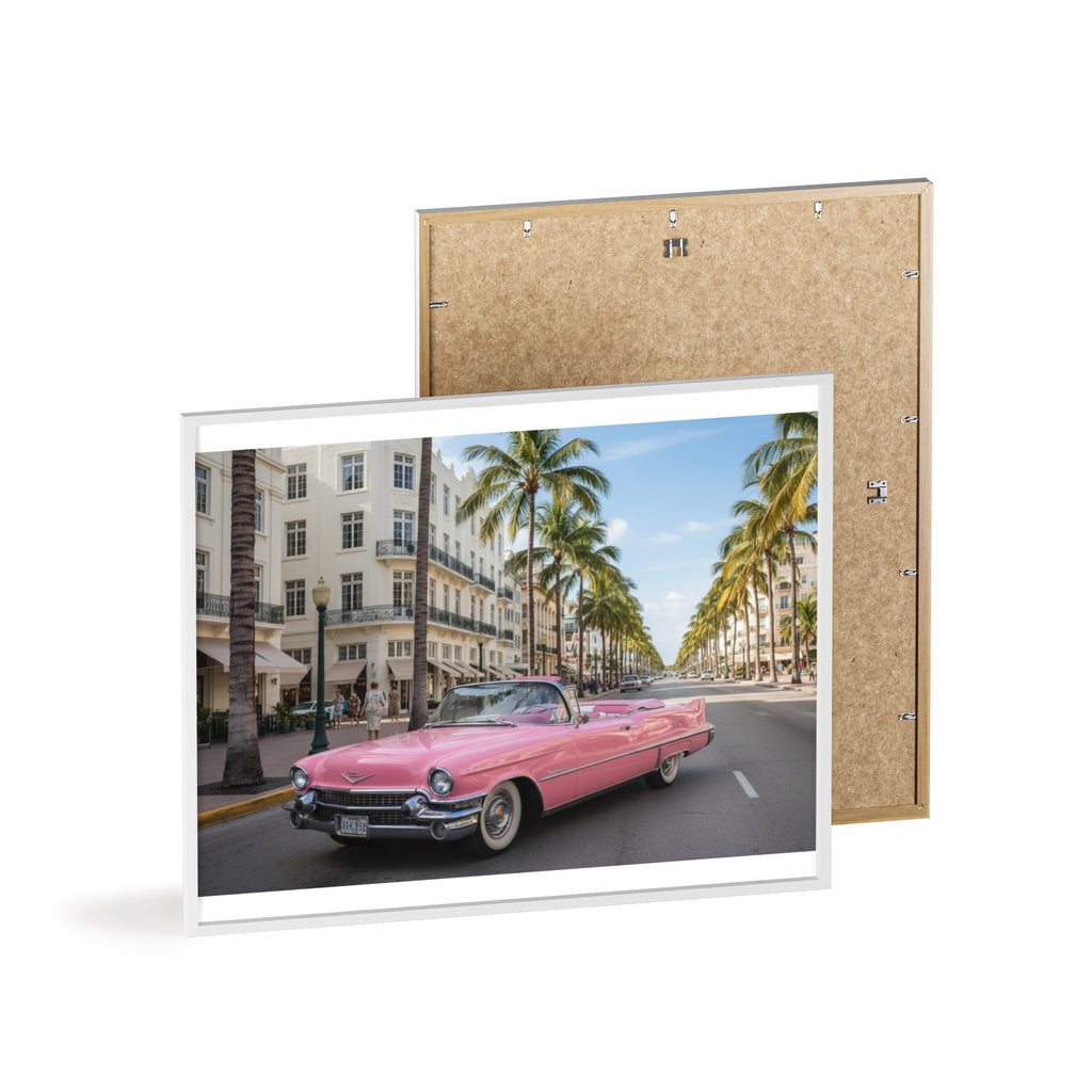 Vintage Pink Cadillac Wall Poster with Wooden Frame — Retro Miami Palm Street Photography