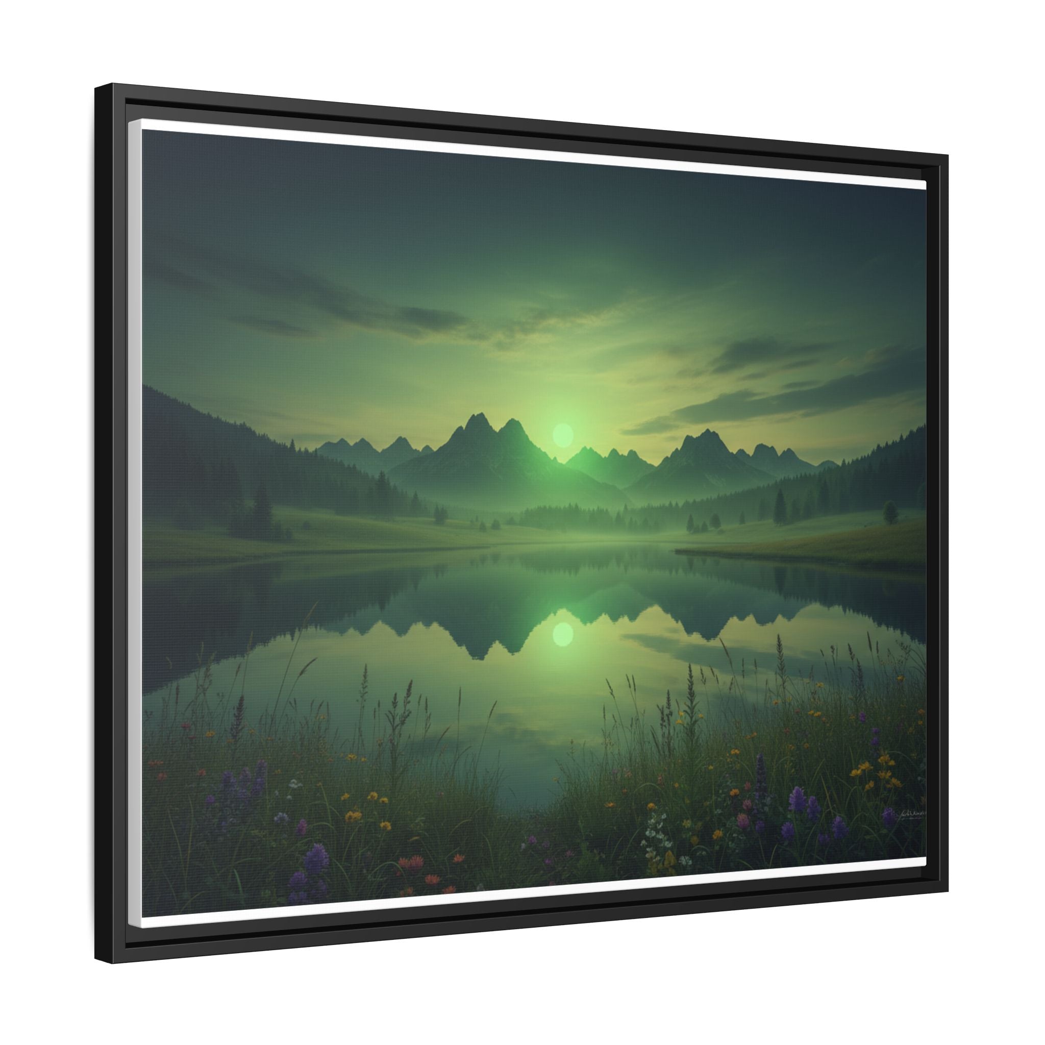 Framed Matte Canvas Print — Serene Green Mountain Lake Landscape