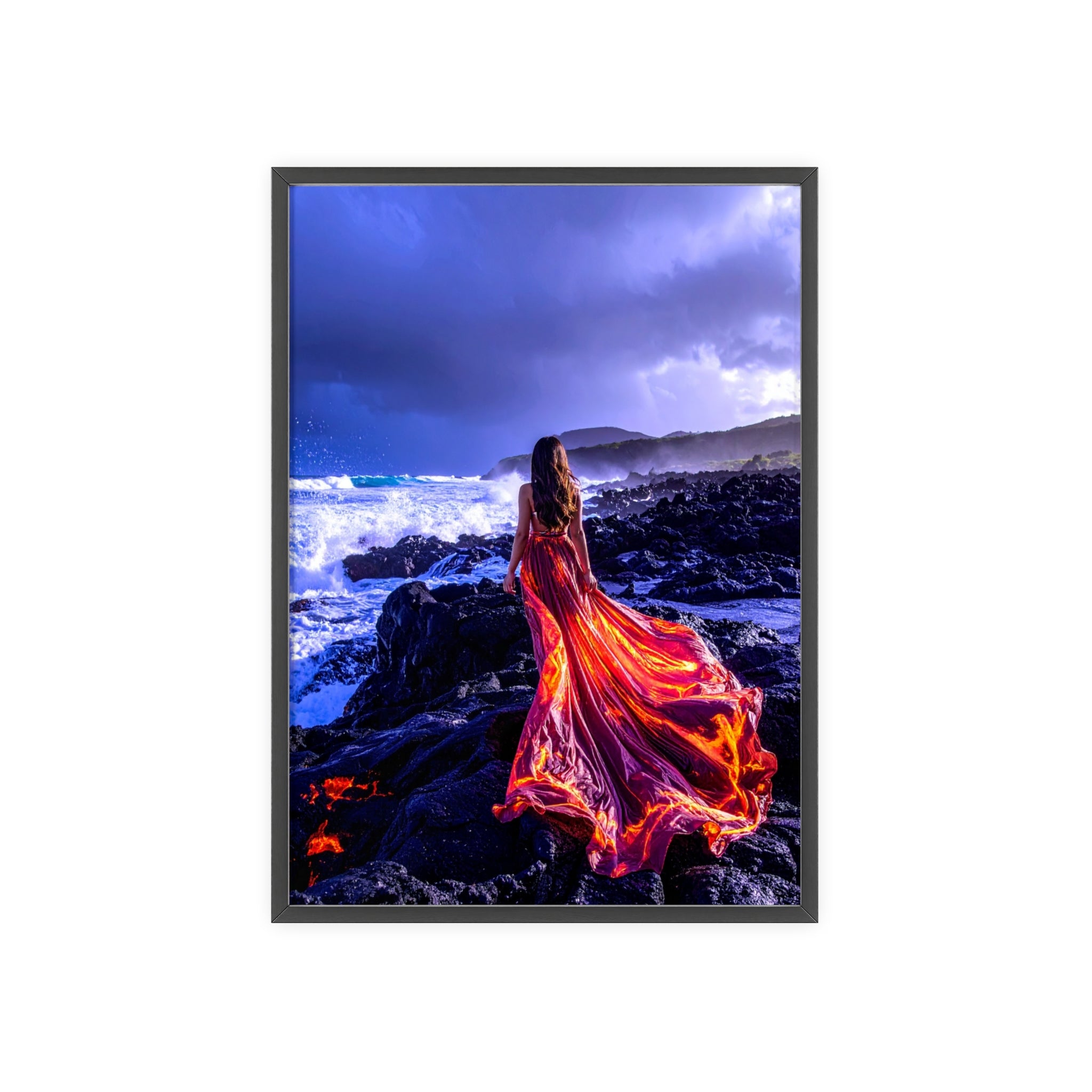 Framed Art Print — Woman in Fiery Red Dress on Rocky Shore (Wooden Frame Poster)