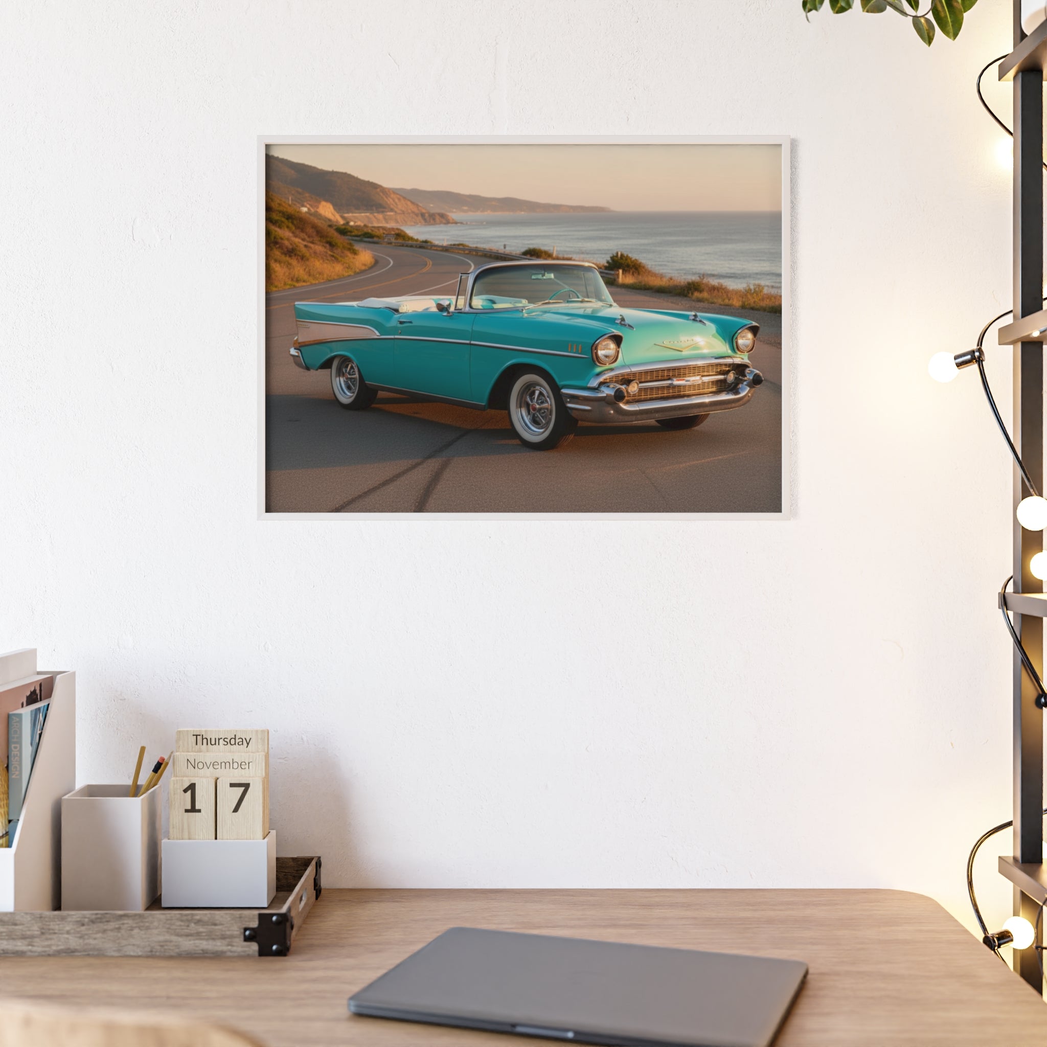 Vintage Teal Classic Car Poster with Wooden Frame — Coastal Road Print