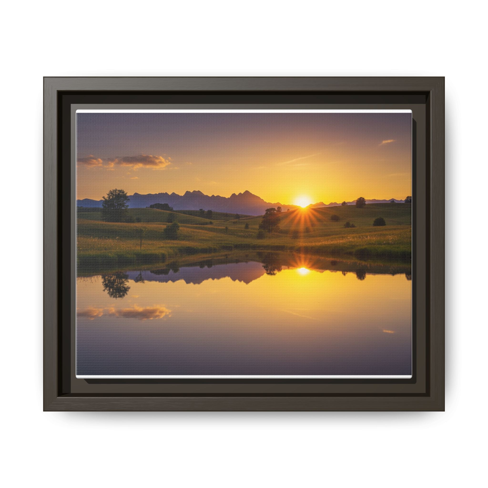 Framed Matte Canvas Sunset Landscape — Serene Lake Reflection Wall Art