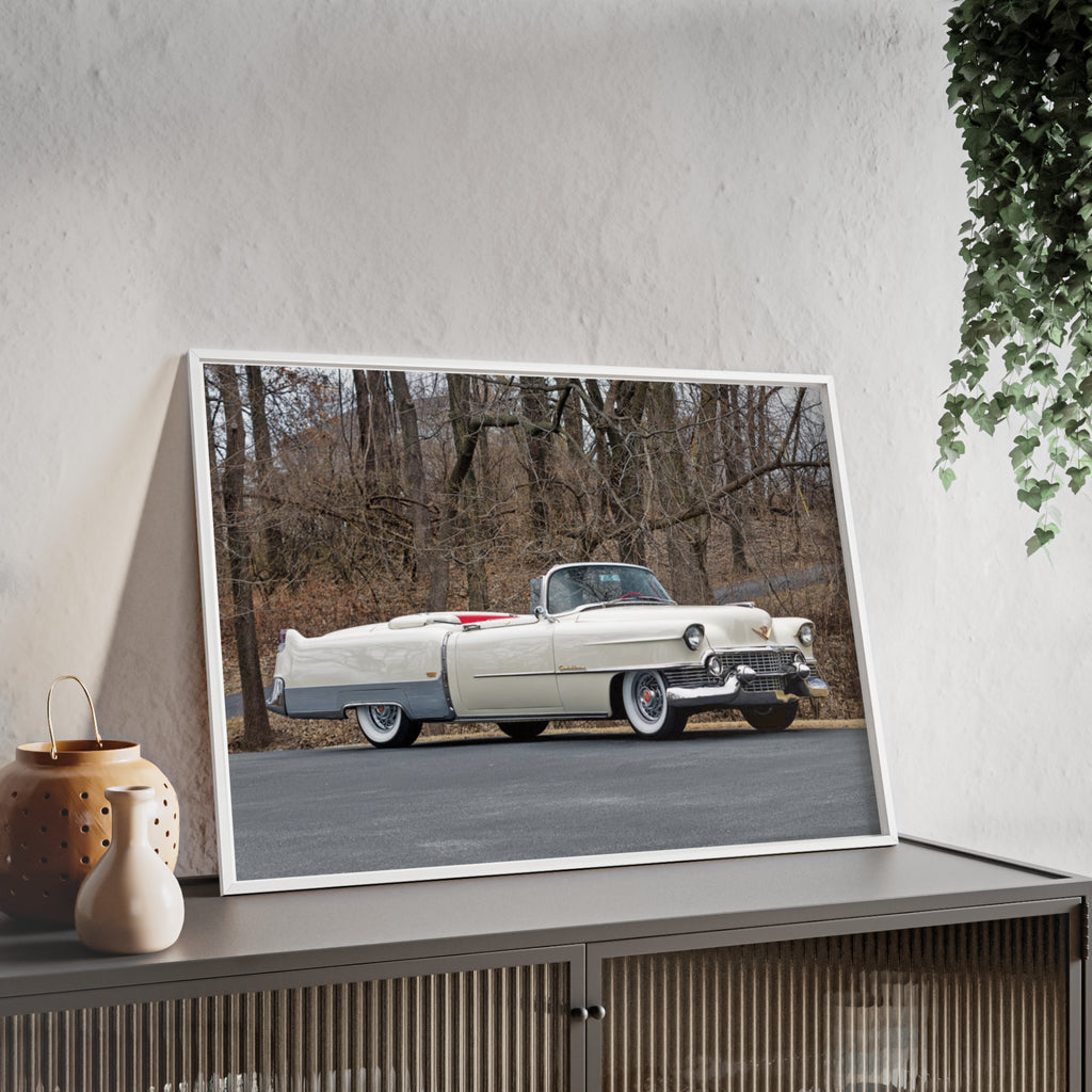 Vintage 1950s White Cadillac Poster with Wooden Frame - Classic Car Wall Art