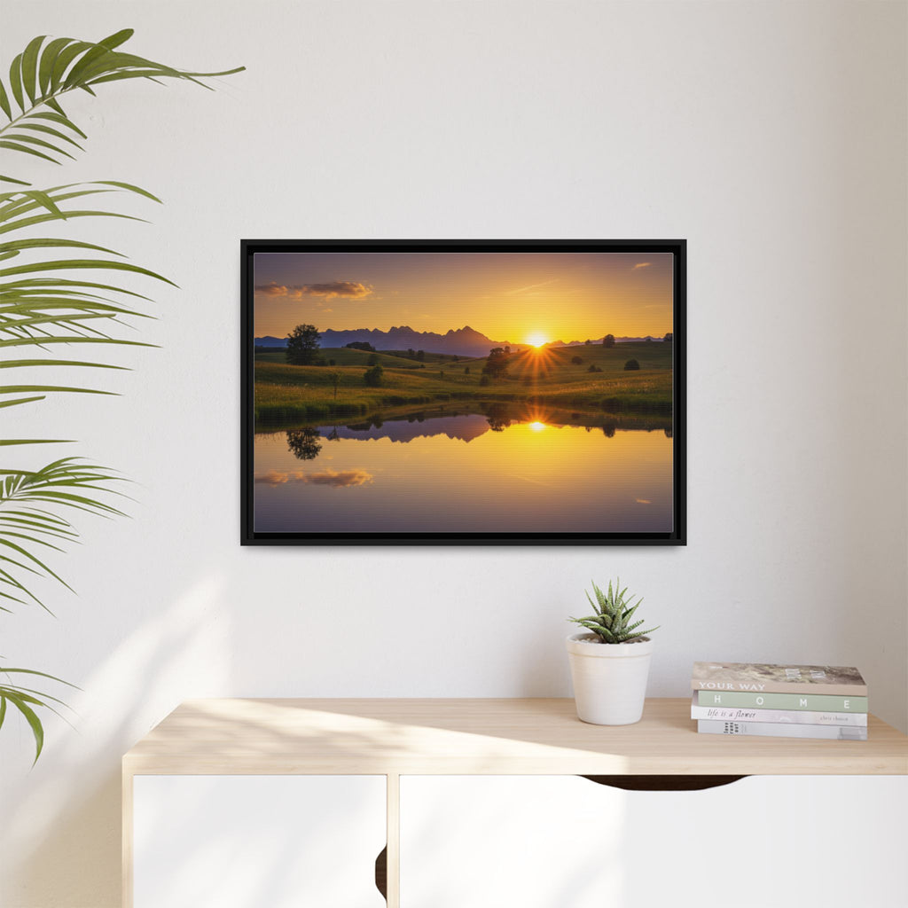 Framed Matte Canvas Sunset Landscape — Serene Lake Reflection Wall Art