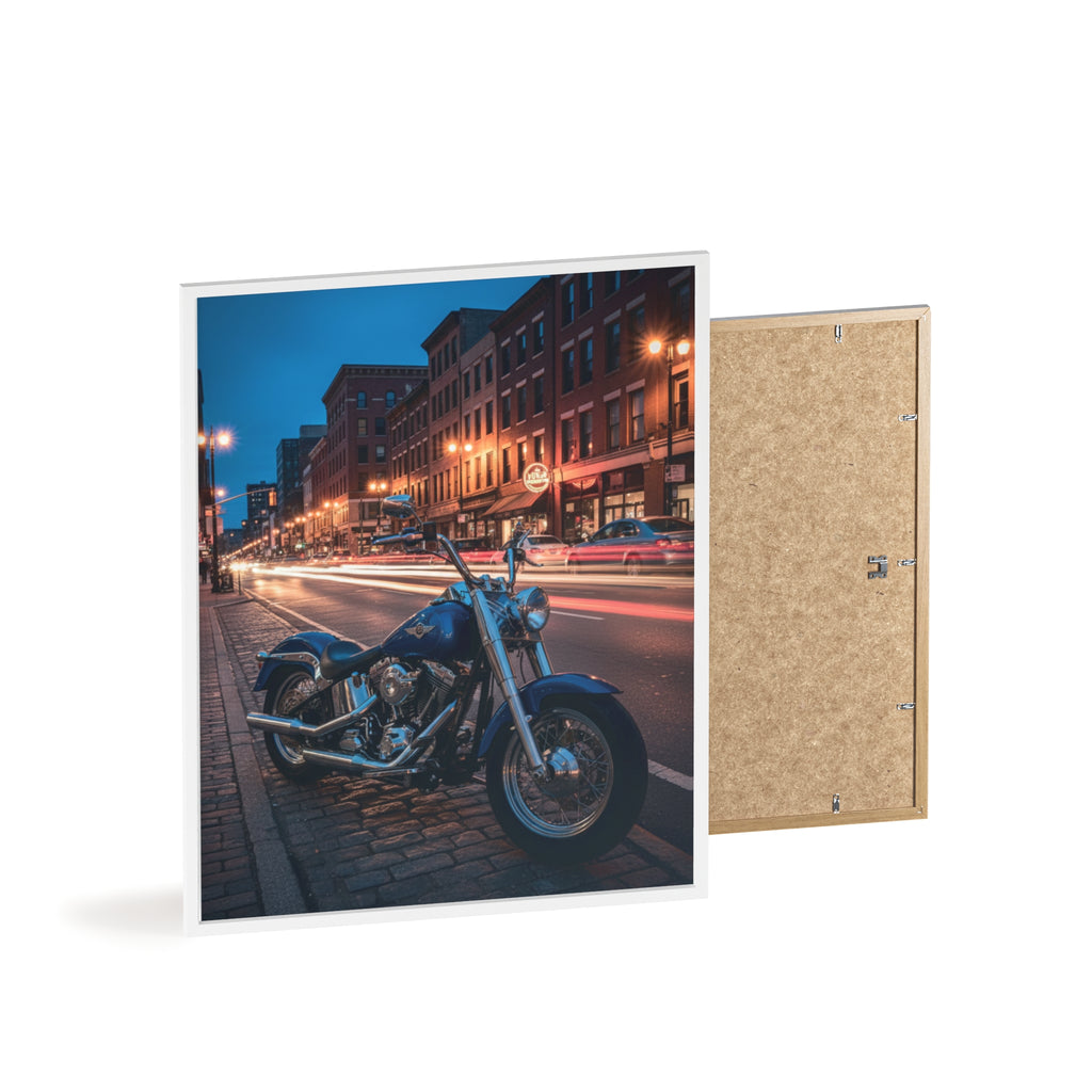 Framed Motorcycle Poster — Night City Street Bike Wall Art