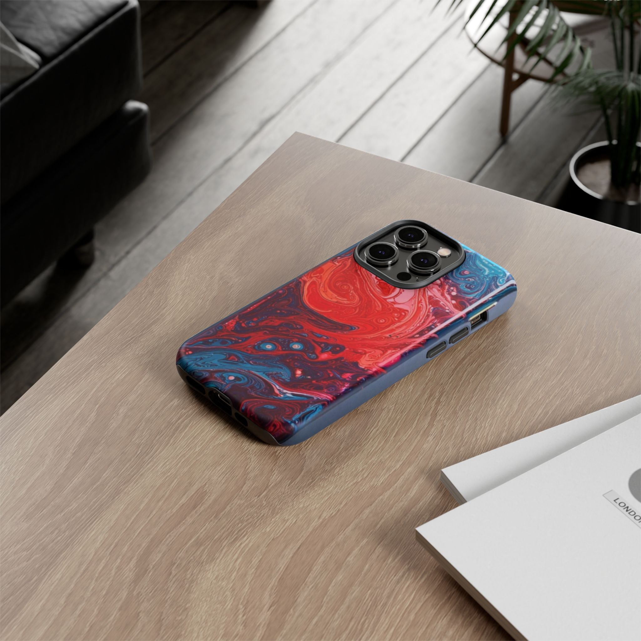 Abstract Red & Blue Swirl Tough Phone Case — Protective iPhone Cover with Fluid Art Design