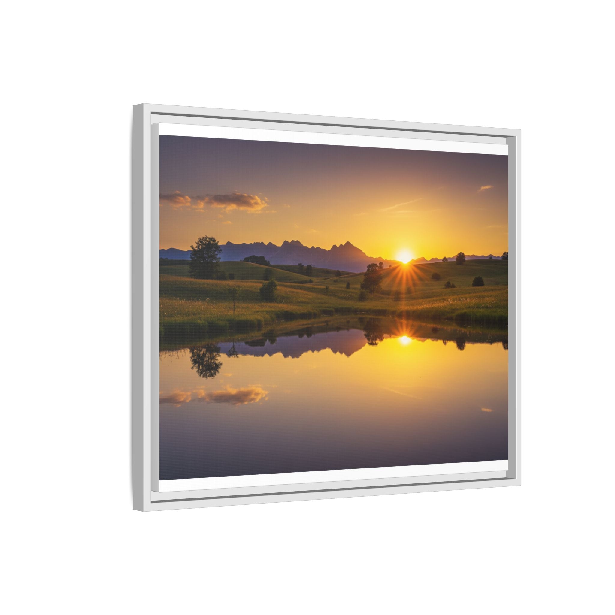 Framed Matte Canvas Sunset Landscape — Serene Lake Reflection Wall Art