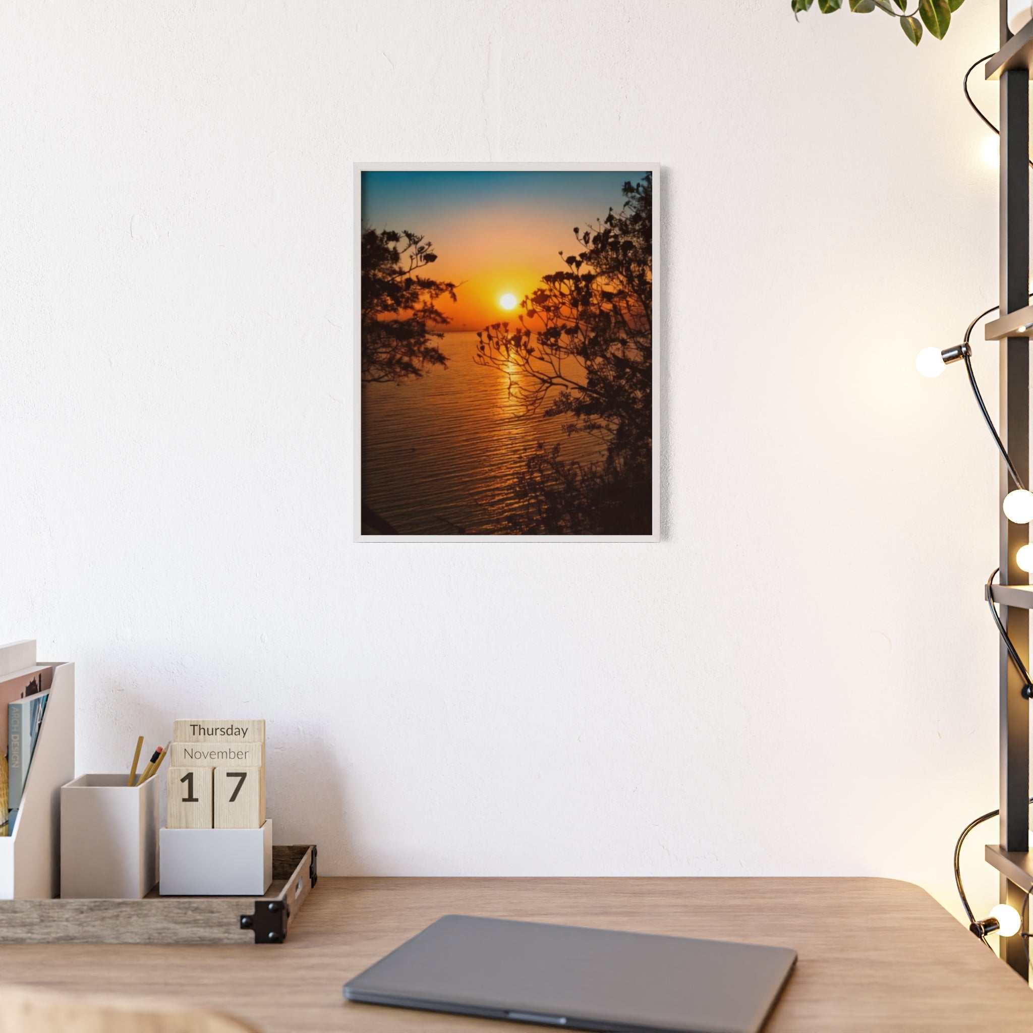 Sunset Coastal Poster with Wooden Frame — Framed Beach Wall Art