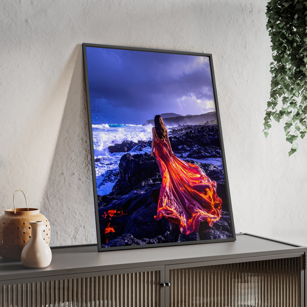 Framed Art Print — Woman in Fiery Red Dress on Rocky Shore (Wooden Frame Poster)