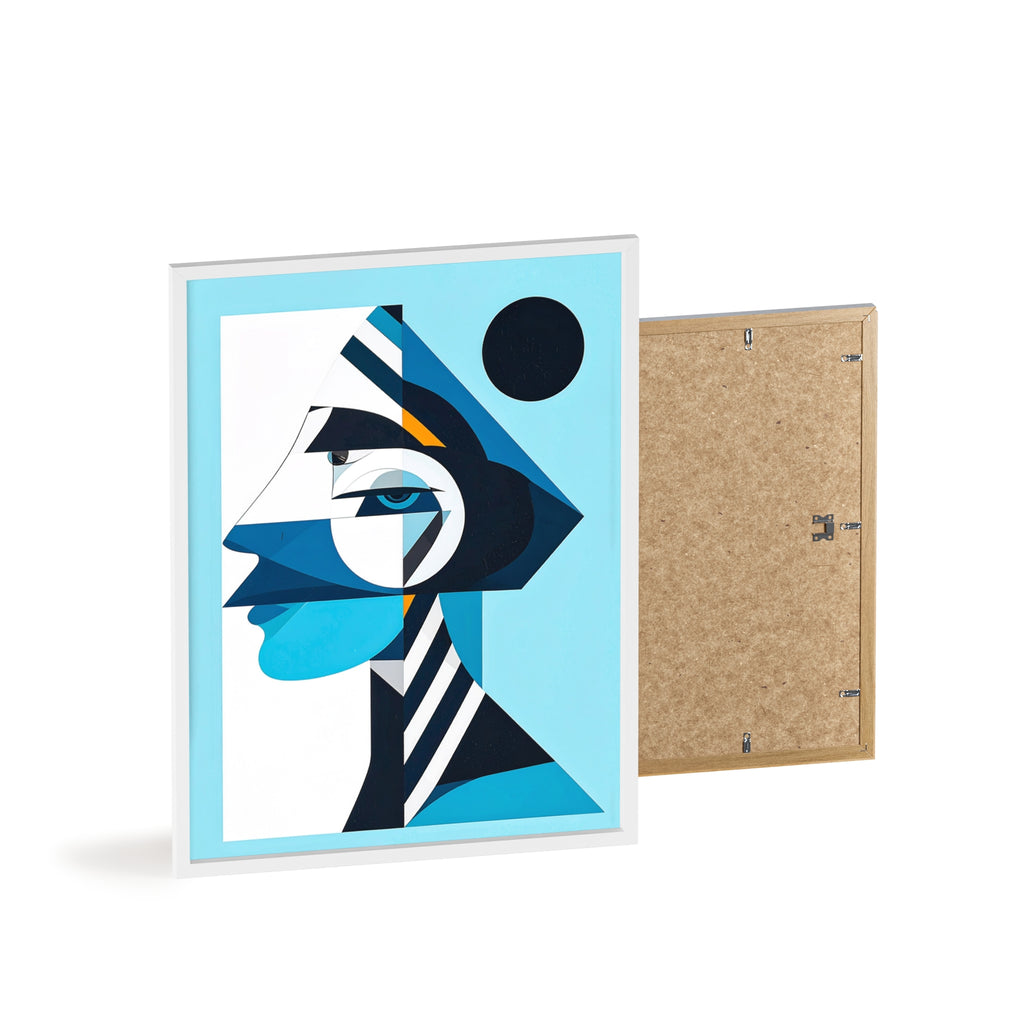 Abstract Geometric Portrait Poster with Wooden Frame — Blue Modern Wall Art