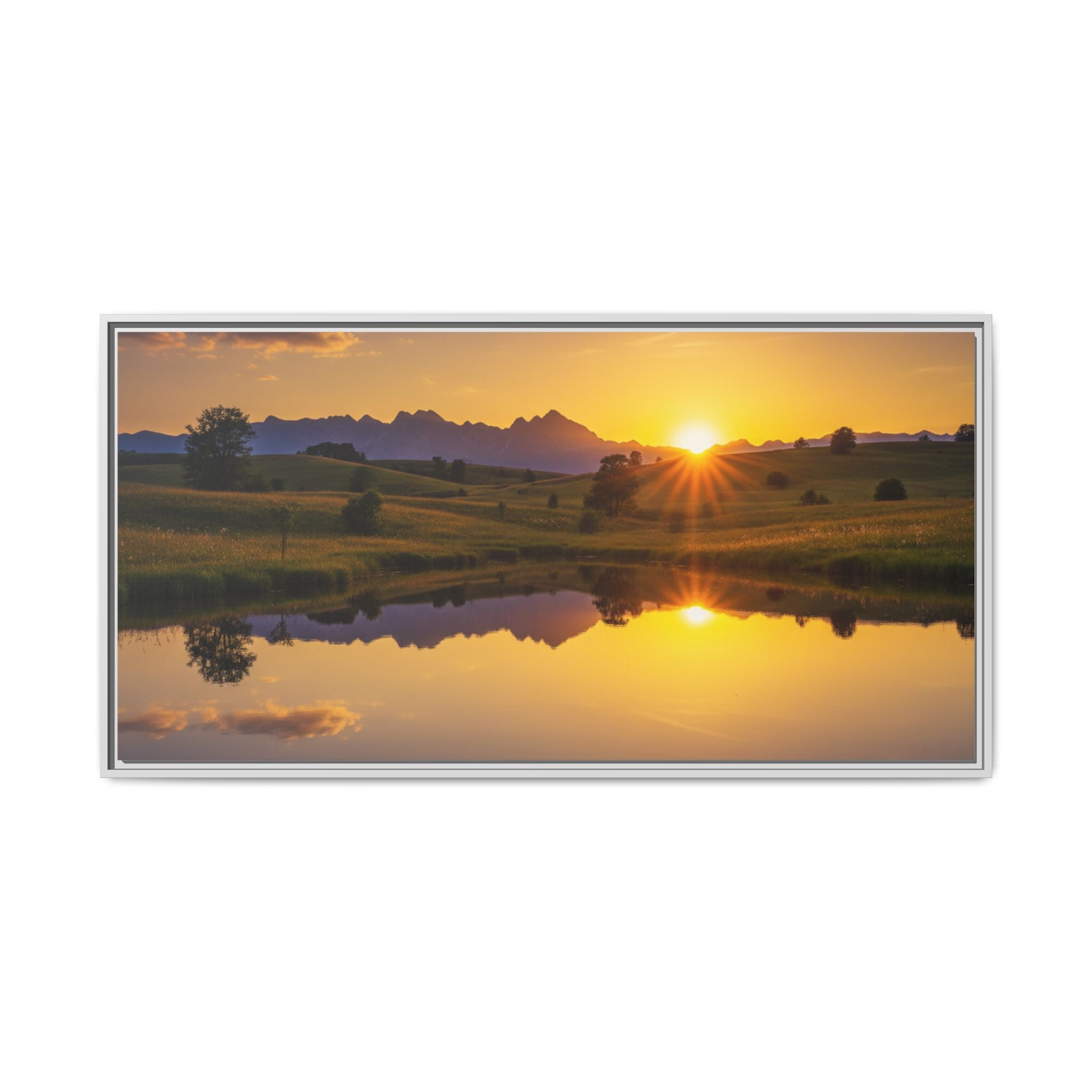 Framed Matte Canvas Sunset Landscape — Serene Lake Reflection Wall Art