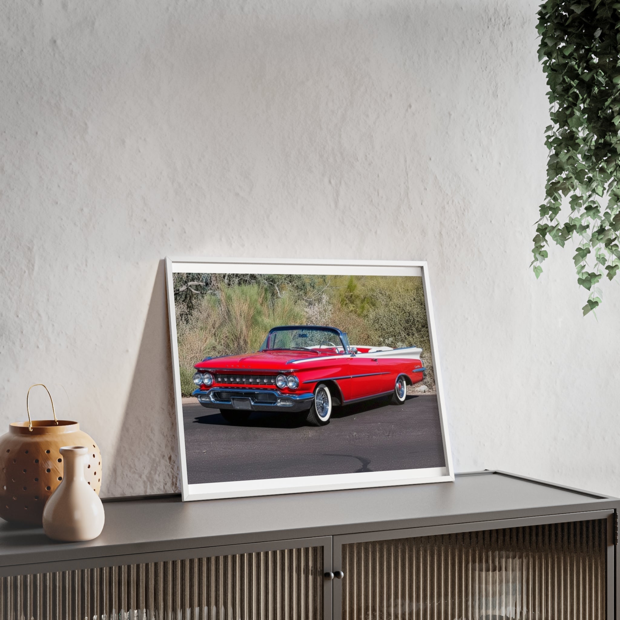 Vintage Red Convertible Car Poster with Wooden Frame — Classic Auto Wall Art