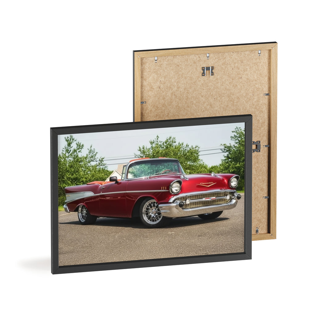 Vintage Red Classic Car Poster with Wooden Frame — Retro Automotive Wall Art