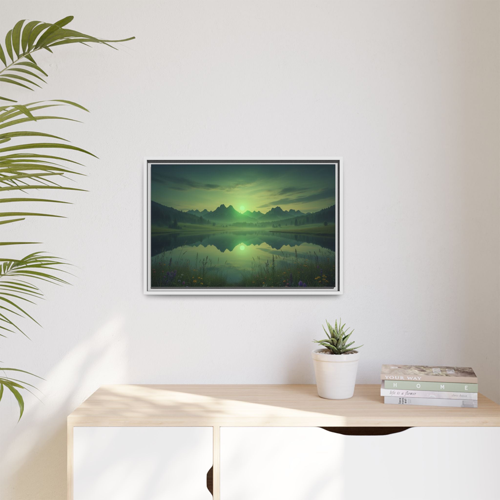 Framed Matte Canvas Print — Serene Green Mountain Lake Landscape