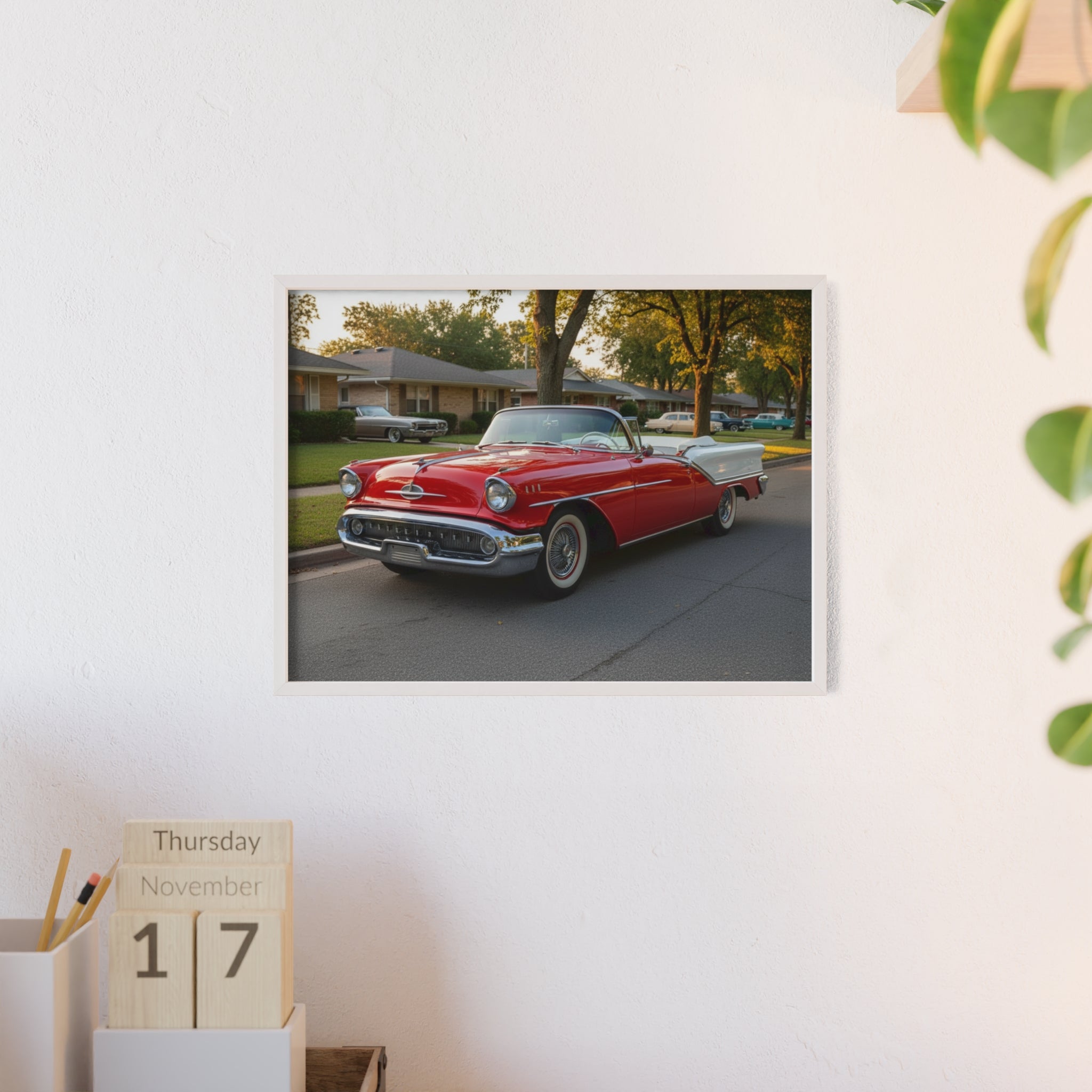 Vintage Red Convertible Poster with Wooden Frame — Classic Car Wall Art