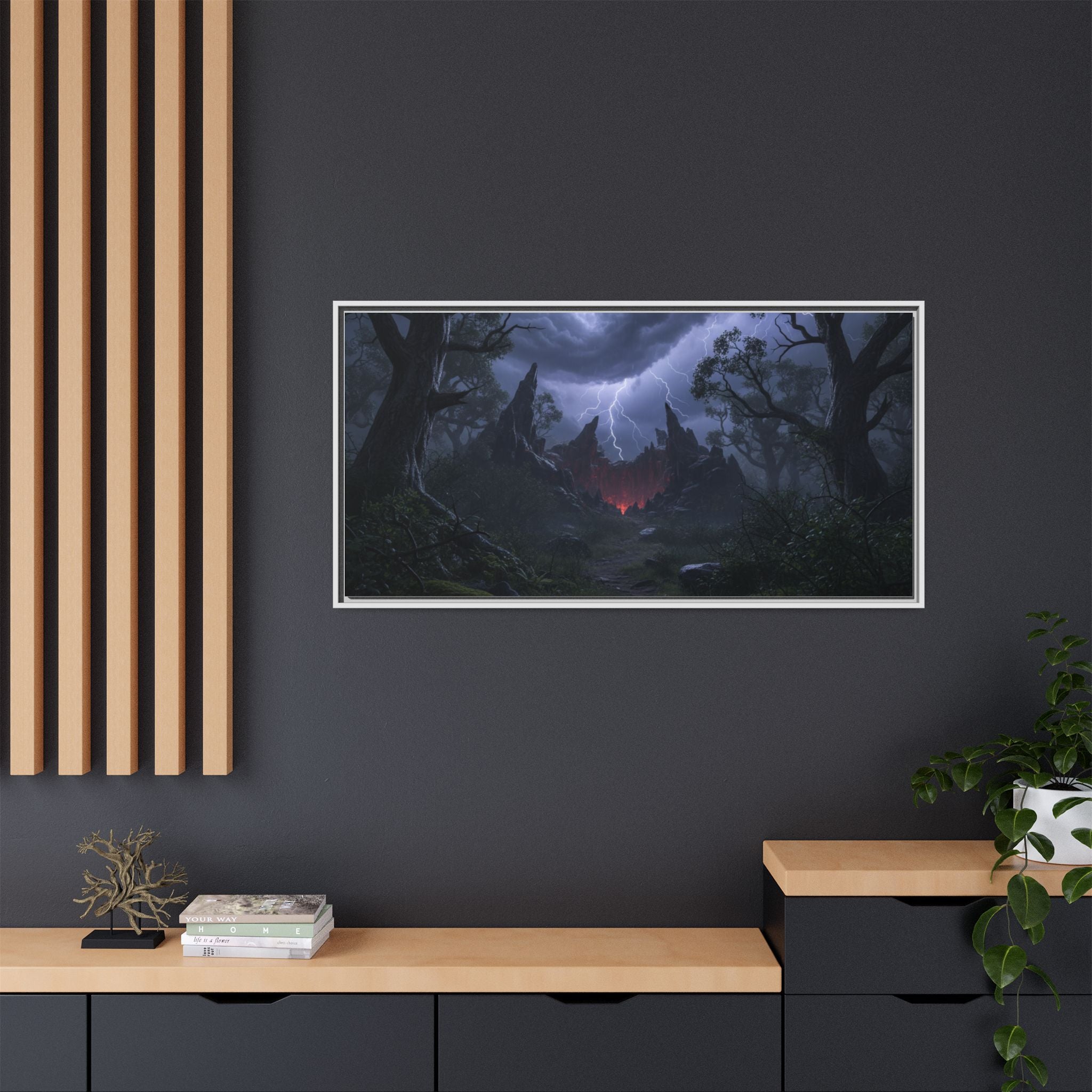 Dark Storm Forest Framed Canvas Print — Lightning, Haunted Castle Art