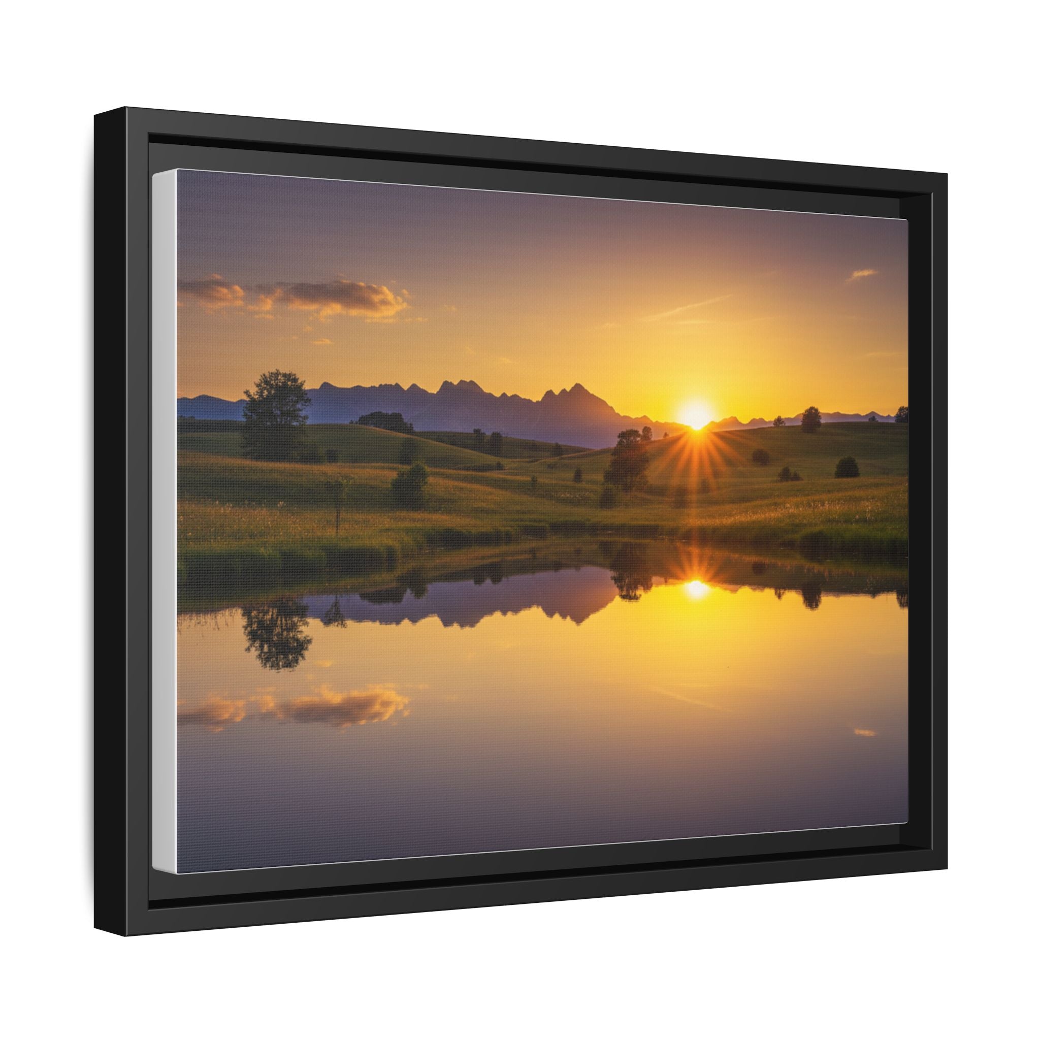 Framed Matte Canvas Sunset Landscape — Serene Lake Reflection Wall Art