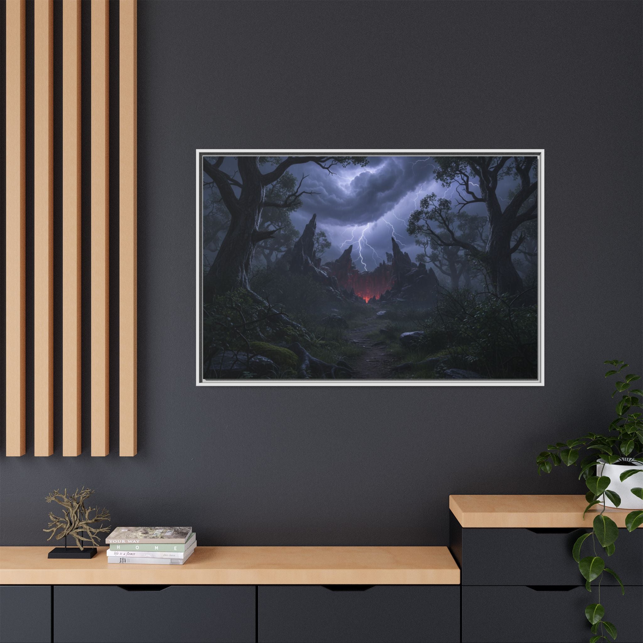 Dark Storm Forest Framed Canvas Print — Lightning, Haunted Castle Art