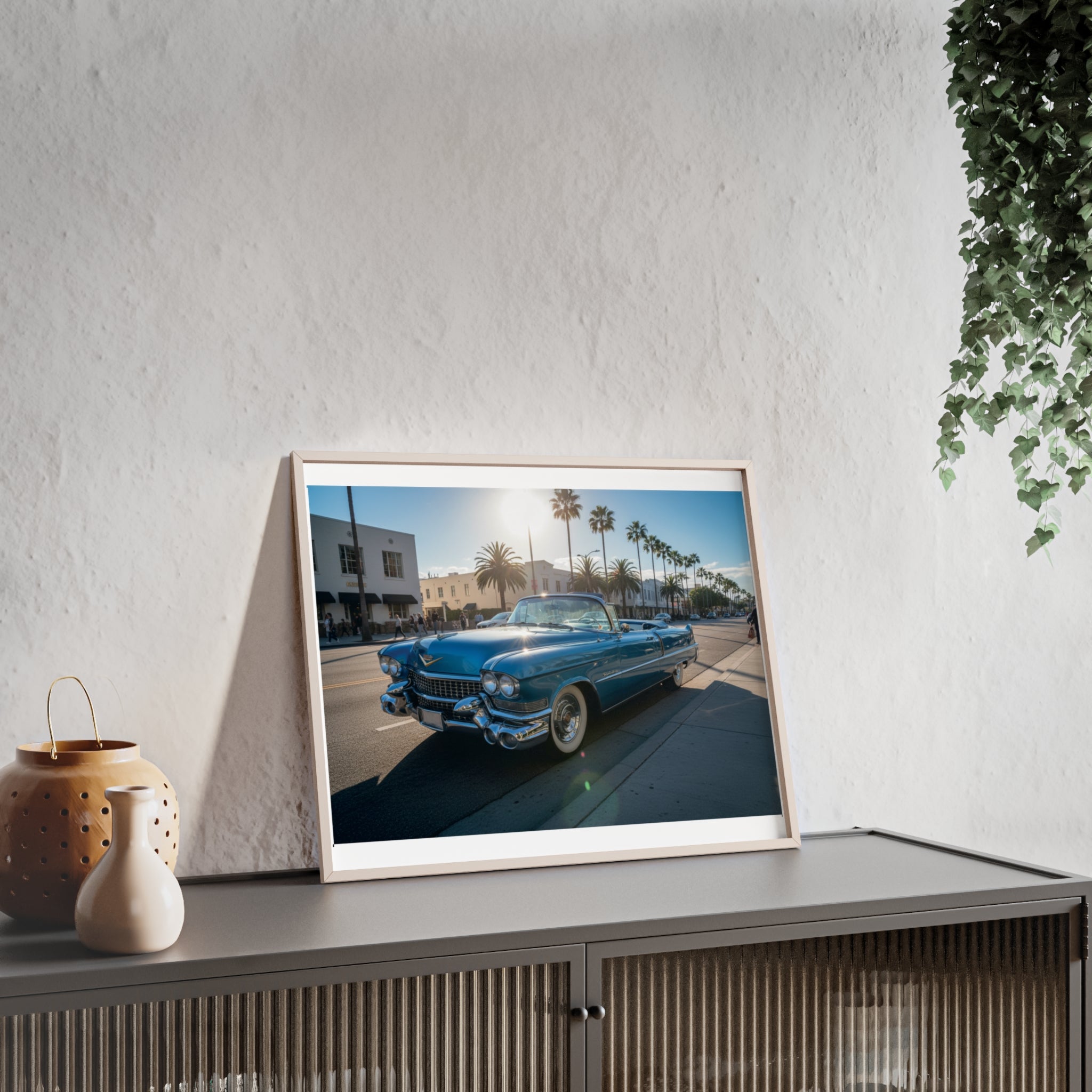 Framed Vintage Cadillac Poster – Retro Palm-Tree Coastal Car Wall Art