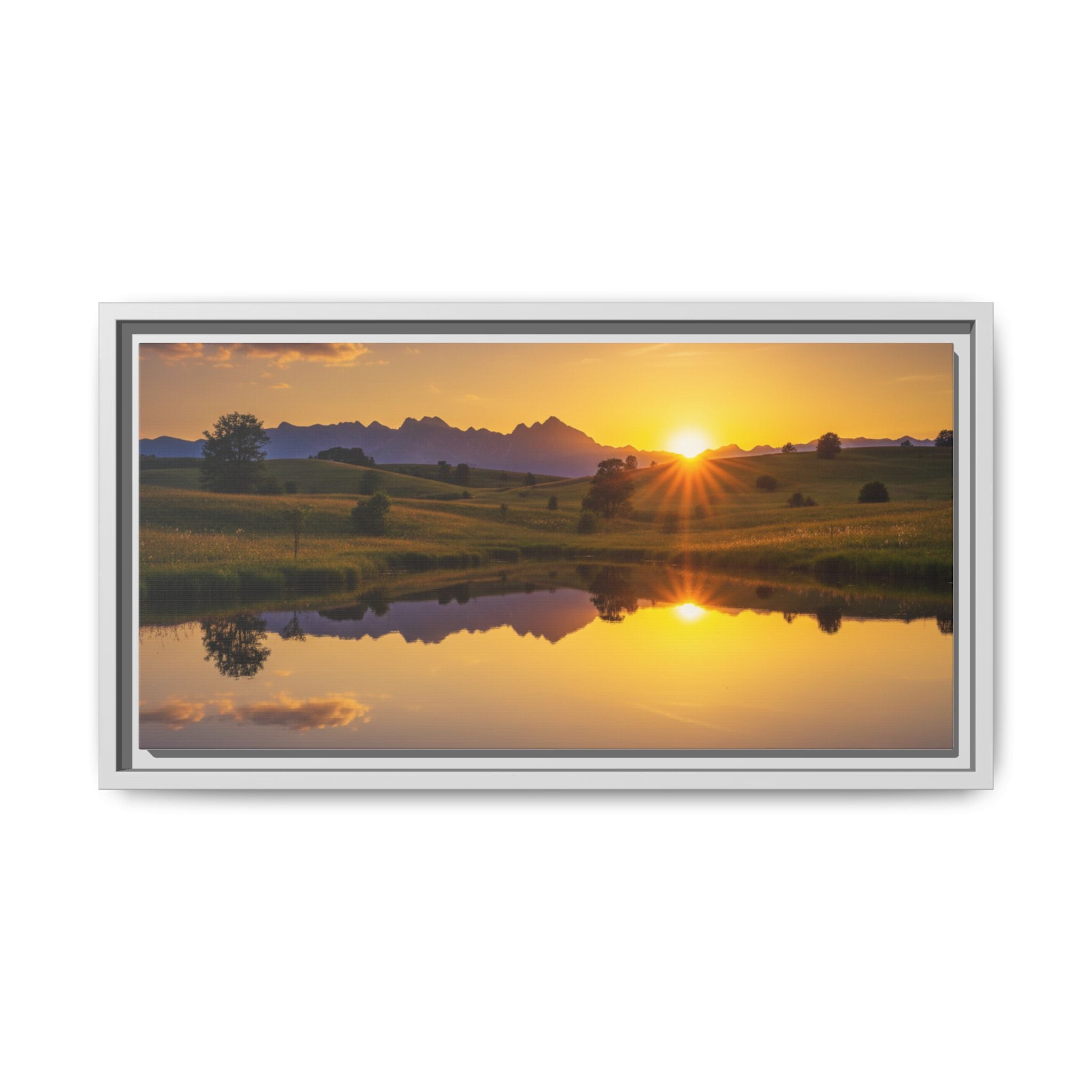 Framed Matte Canvas Sunset Landscape — Serene Lake Reflection Wall Art
