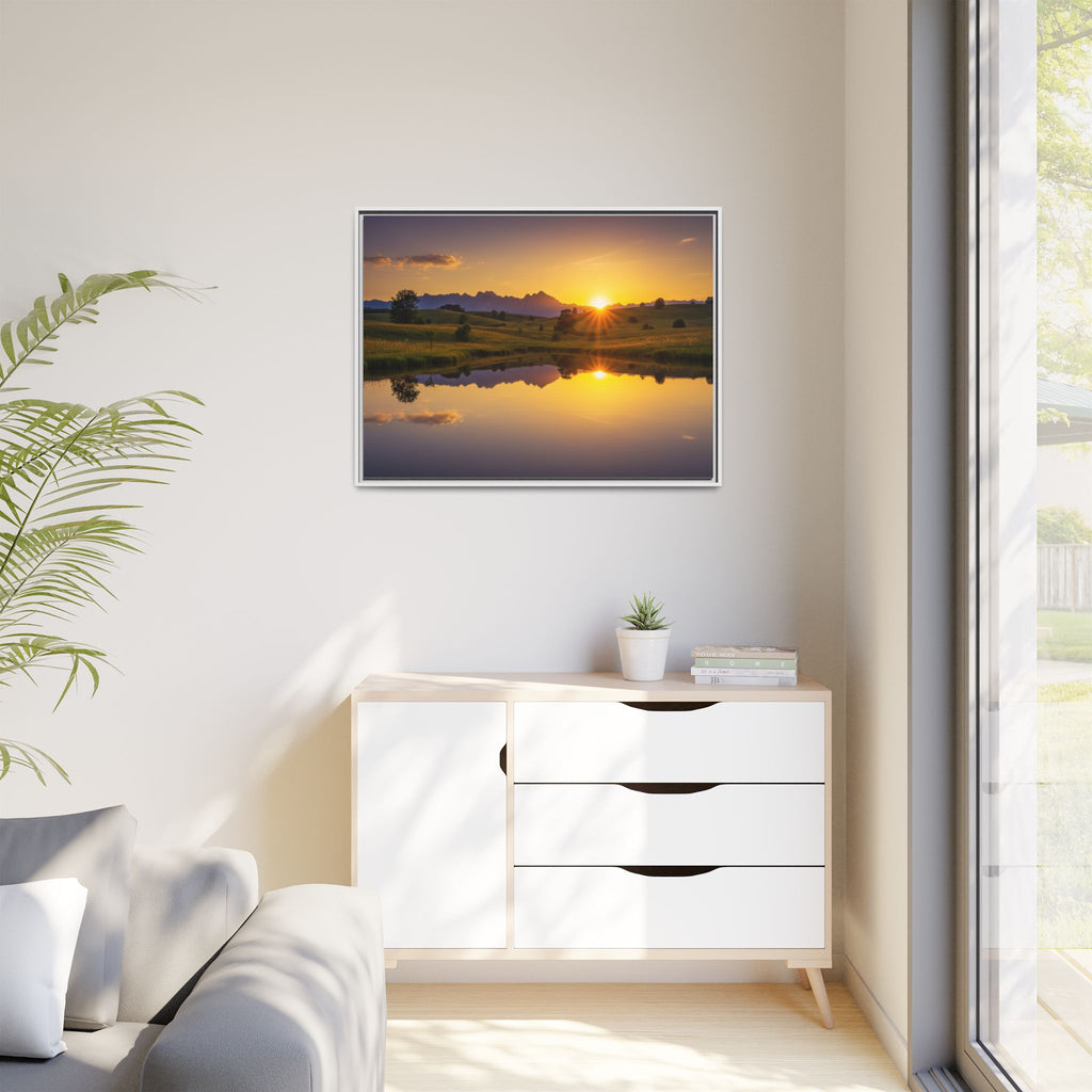 Framed Matte Canvas Sunset Landscape — Serene Lake Reflection Wall Art