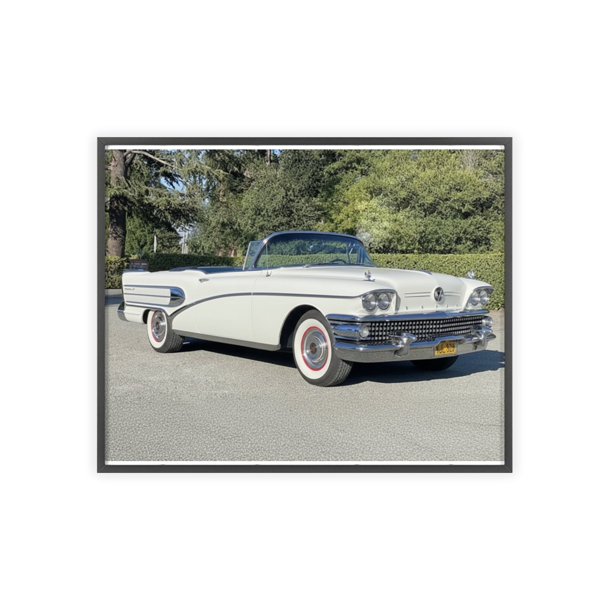 Classic White Convertible Car Poster with Wooden Frame — Vintage Auto Wall Art